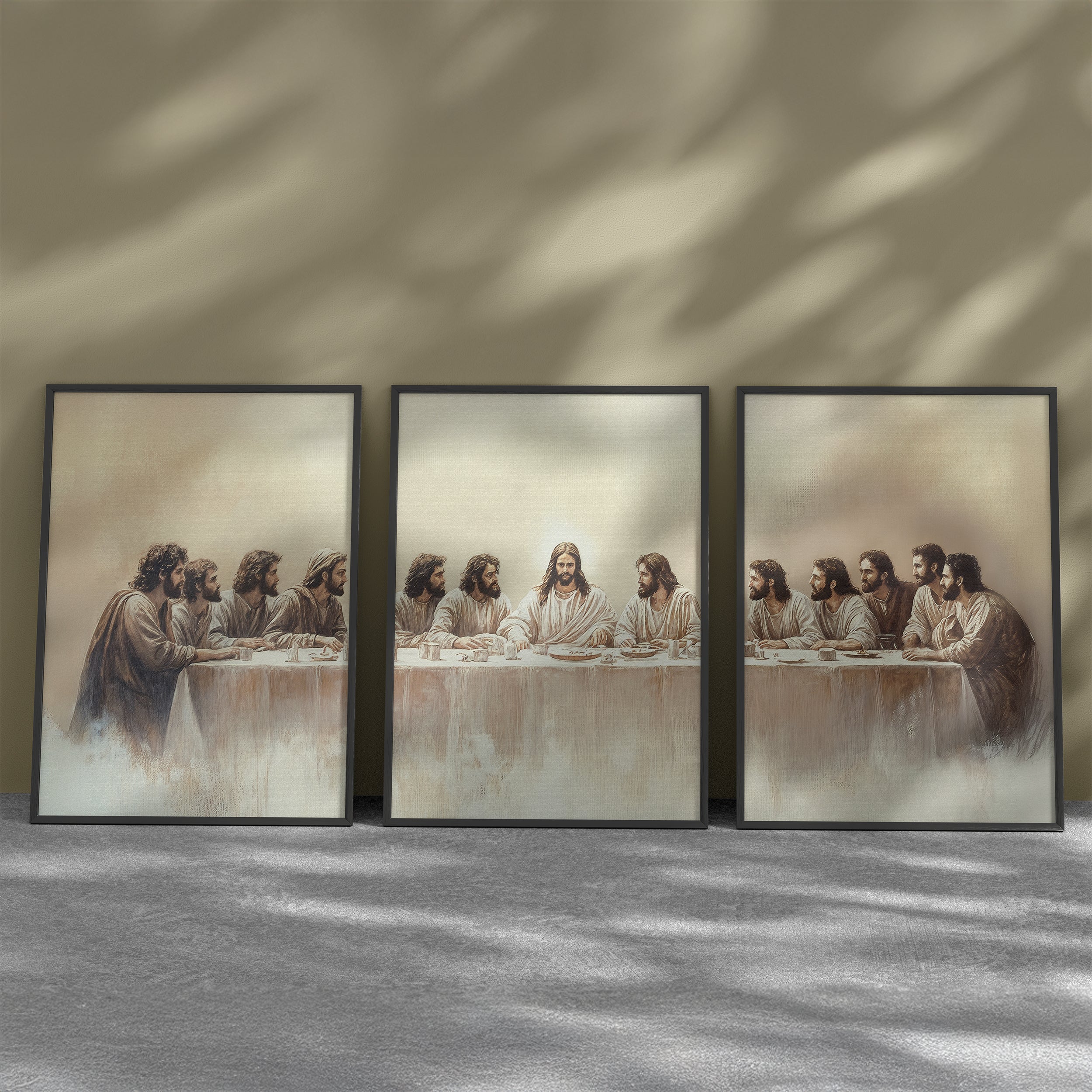 A set of three canvas paintings depicting the Last Supper scene, with ethereal lighting and serene expressions, arranged side by side.