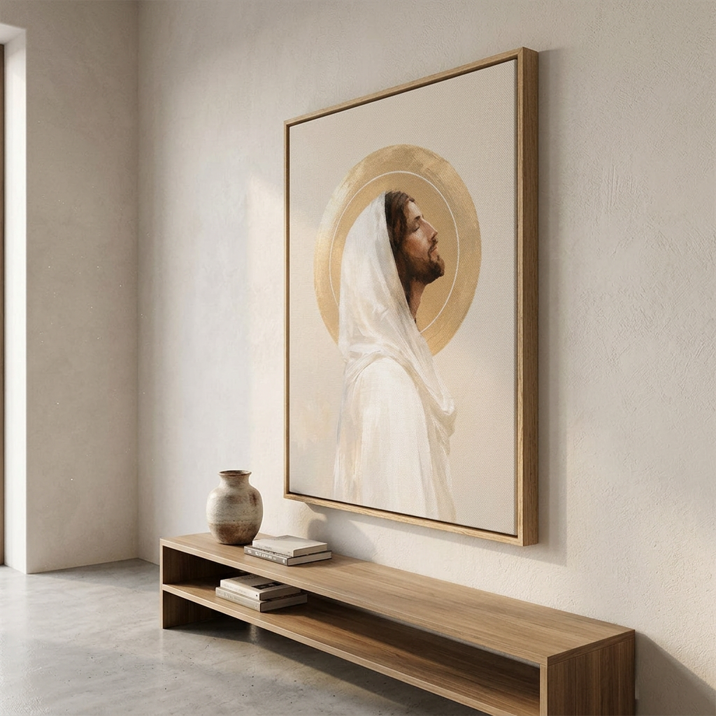 A large framed wall art print showing a serene portrait of Jesus with a gold halo, displayed above a wooden console table in a minimalist beige room.
