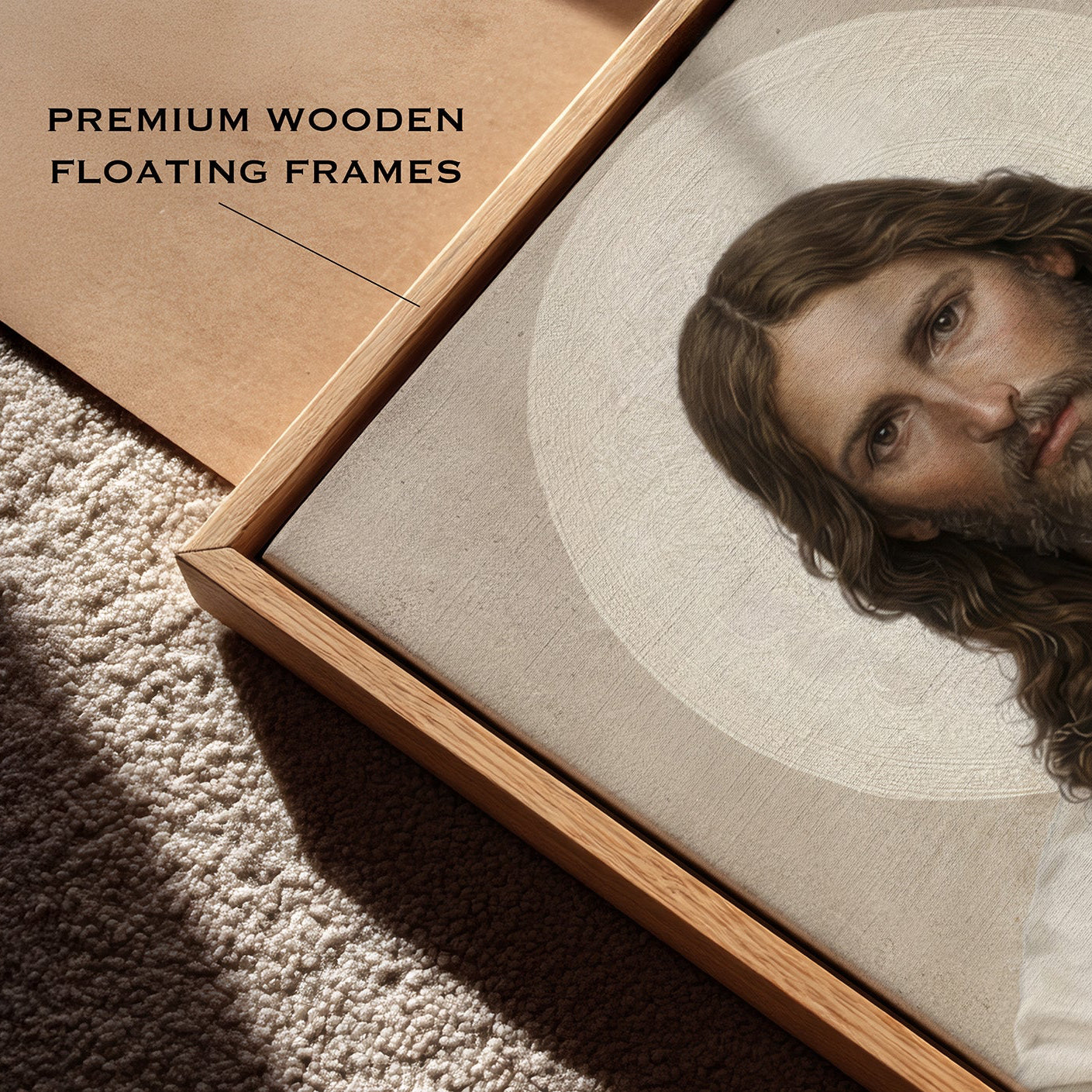 Framed portrait with a wooden frame on a textured surface