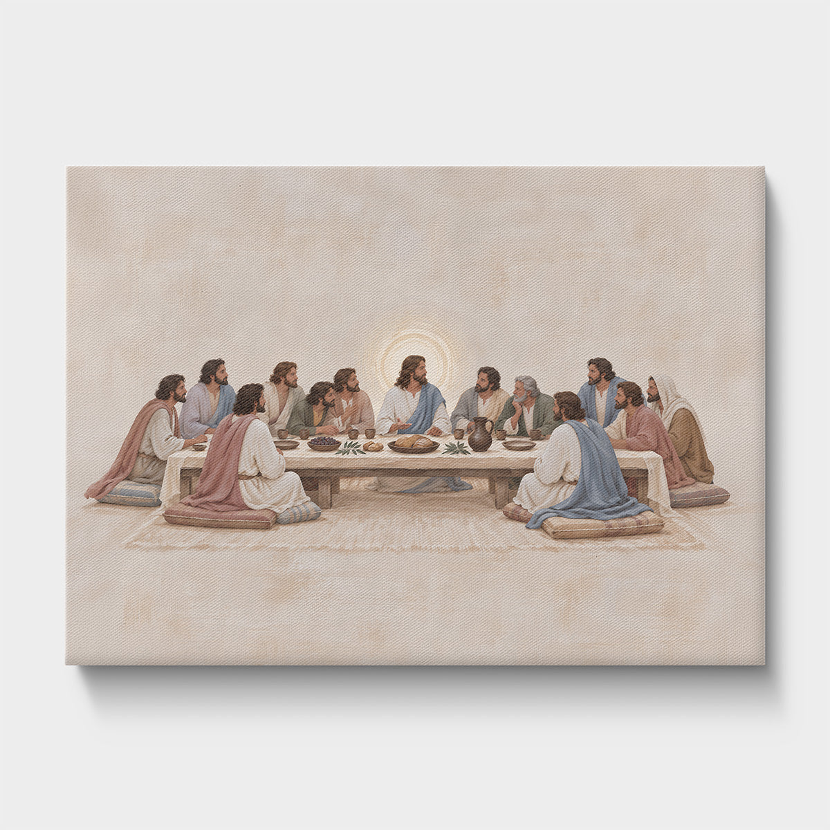 A canvas print of the Last Supper painting, depicting Jesus and his disciples seated around a table with a glowing light behind them, shown against a neutral light gray background.