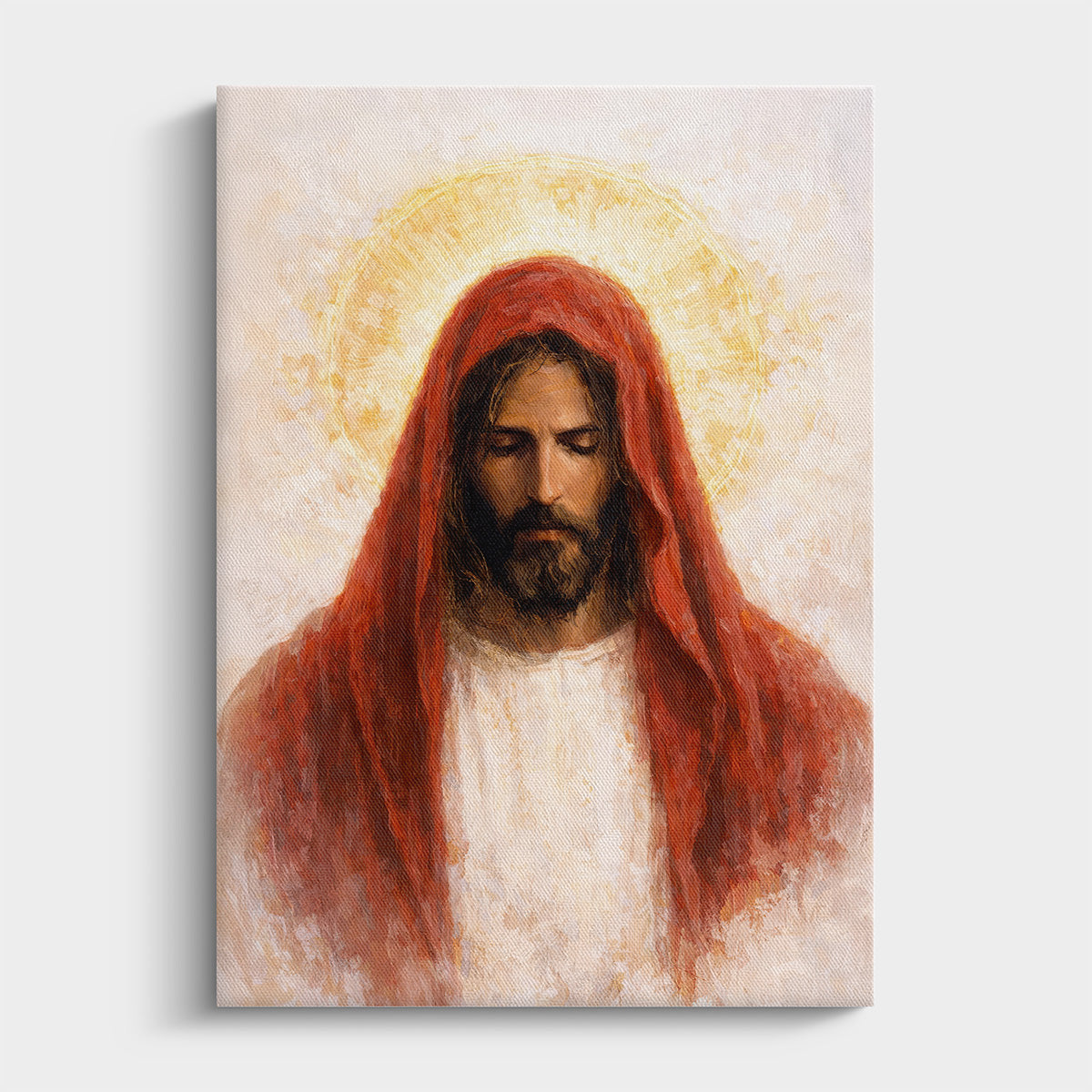 Painting of a religious figure with a halo on a light background