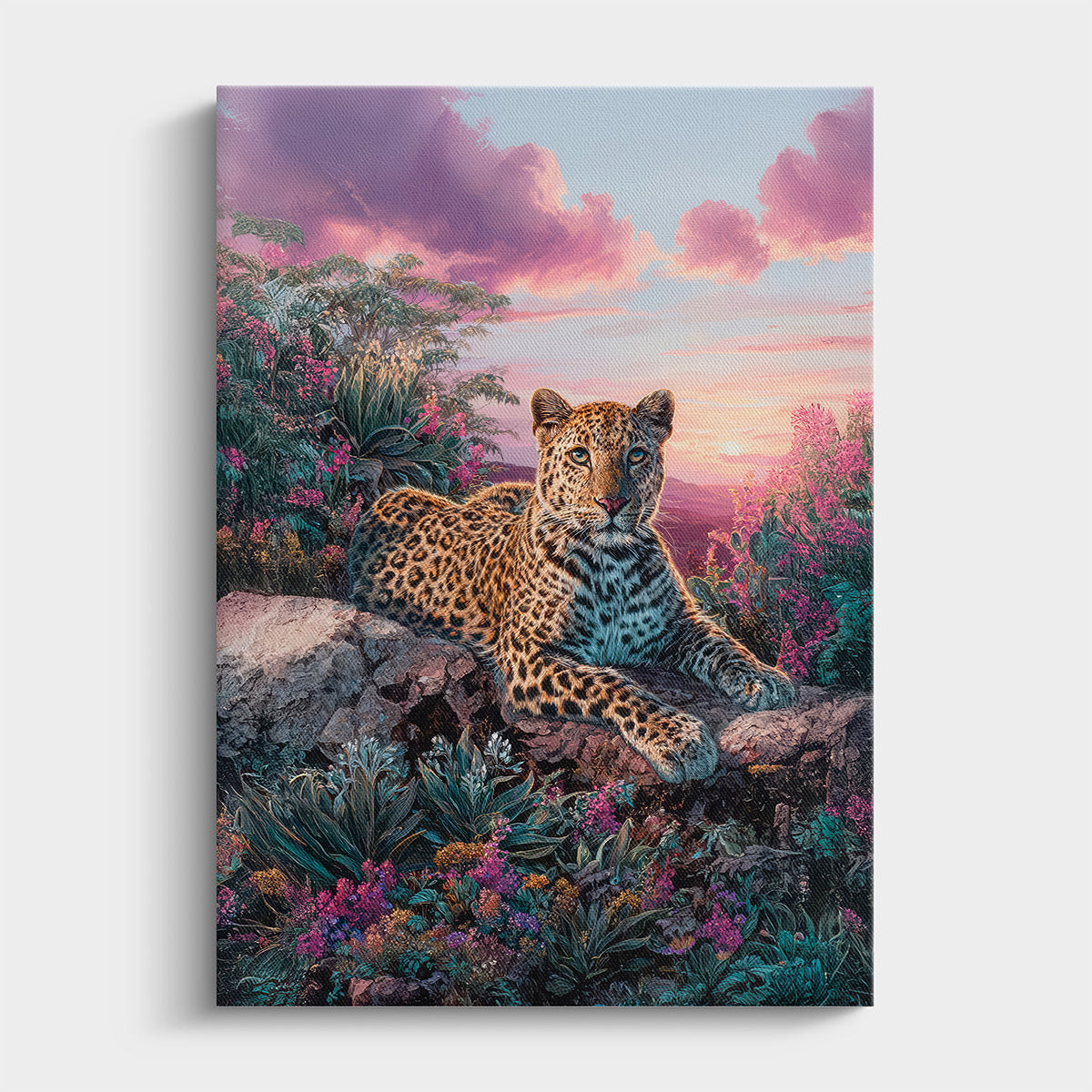 Leopard sitting on a rock in a vibrant, colorful landscape with flowers and trees.