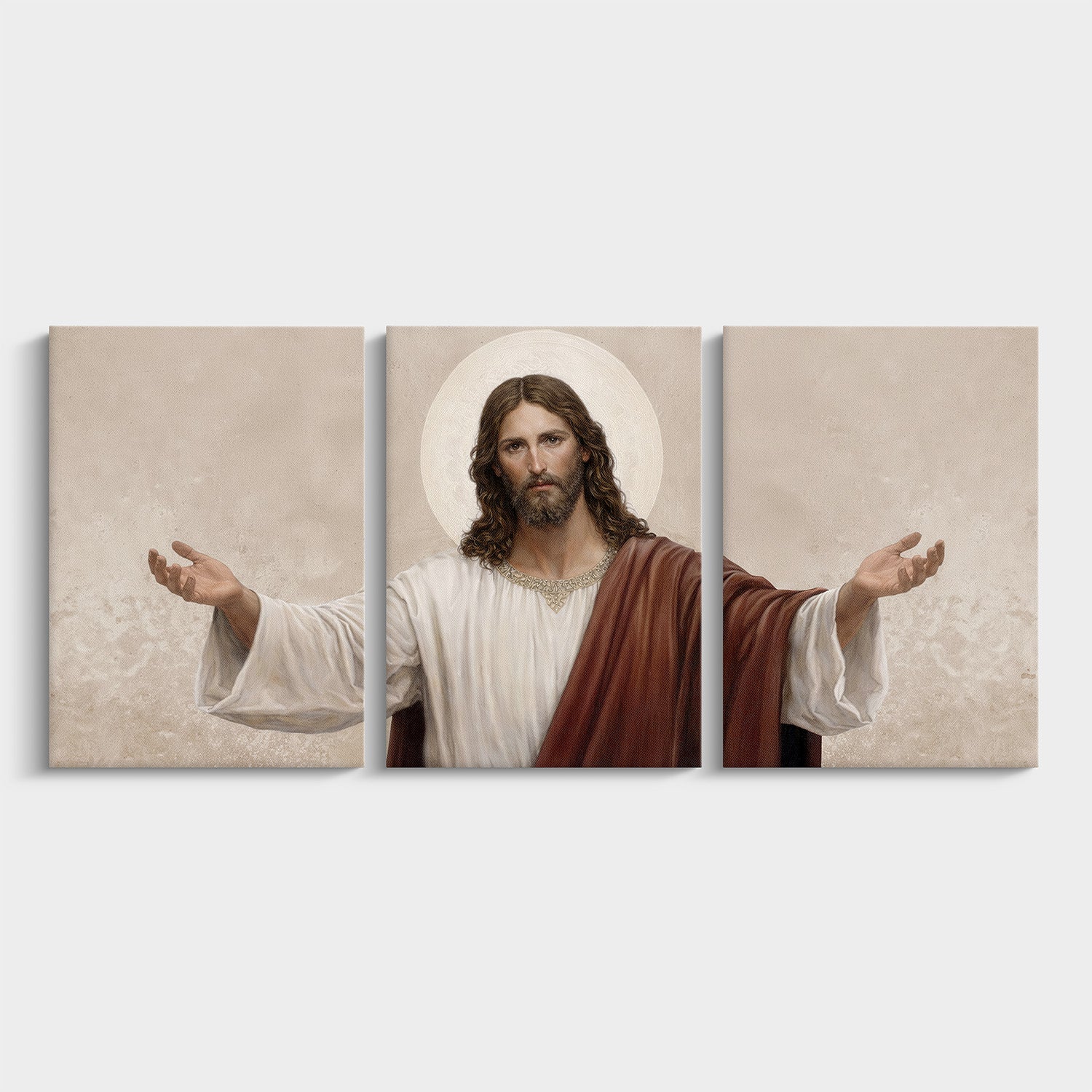 Triptych painting of a religious figure with outstretched arms on a beige background