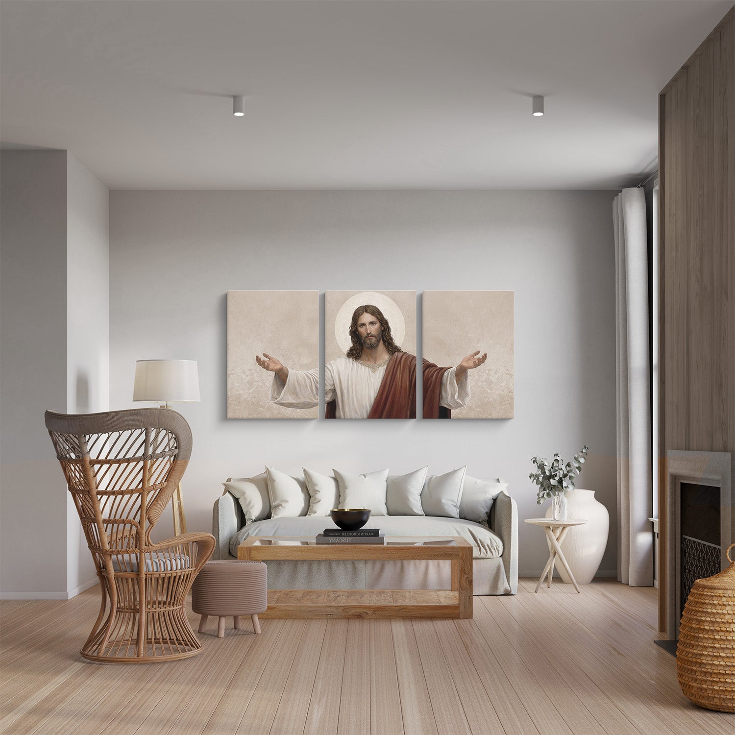 Living room with a large wall art of a religious figure, wicker chair, and wooden coffee table.