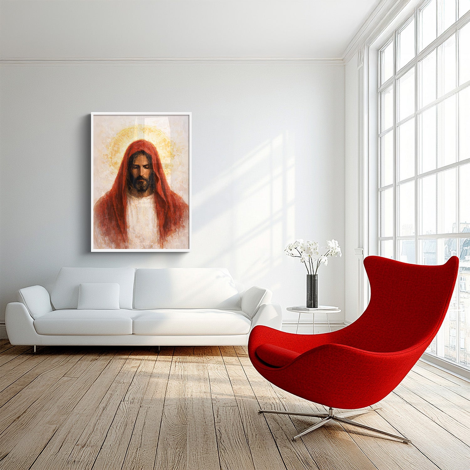 Modern living room with a red chair, white sofa, and a painting of a religious figure on the wall.