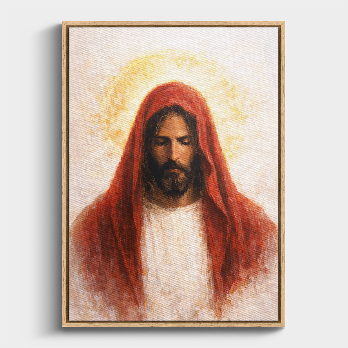 Framed artwork of a religious figure with a red hood and white garment on a light gray background