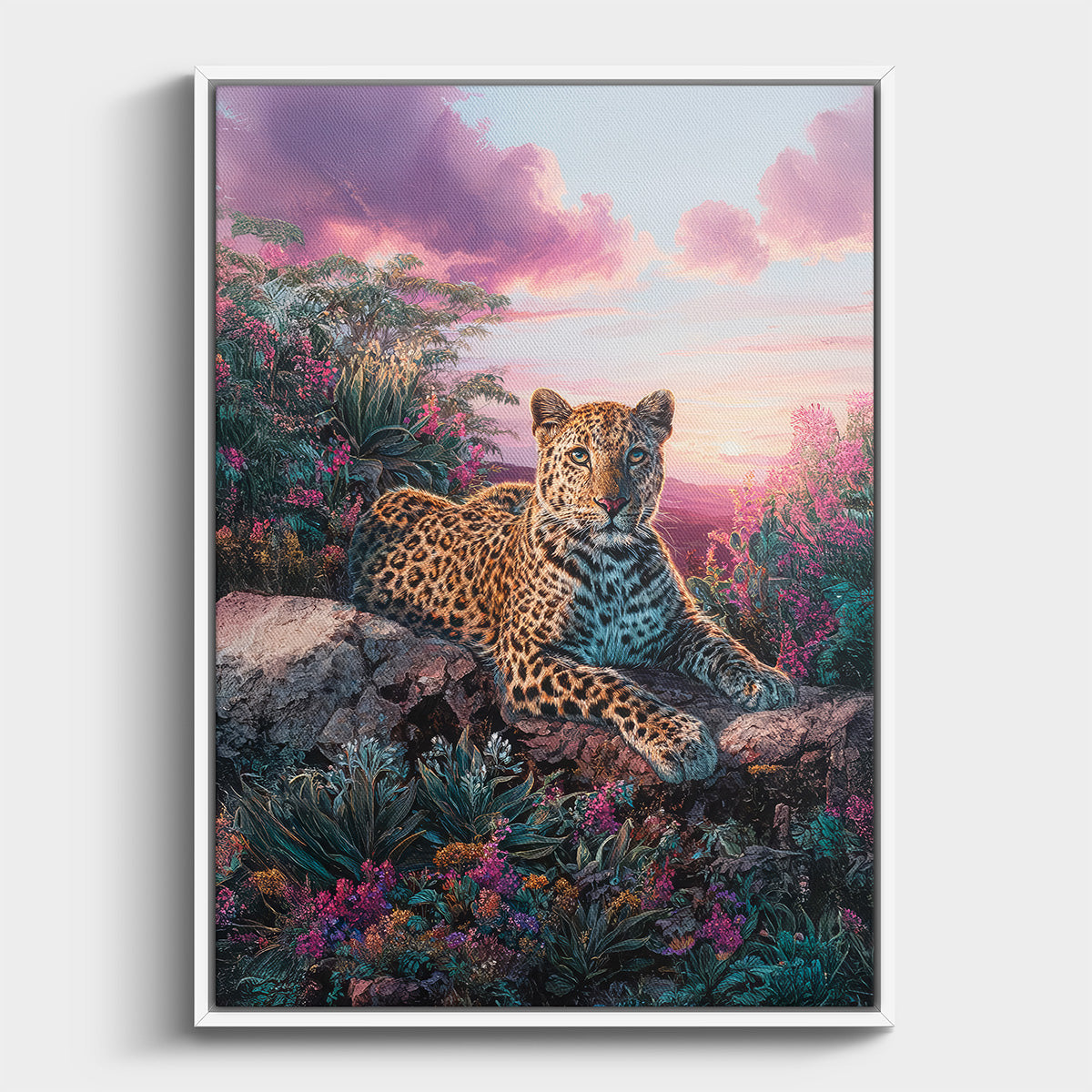 Framed artwork of a leopard in a jungle setting with a pink sky.