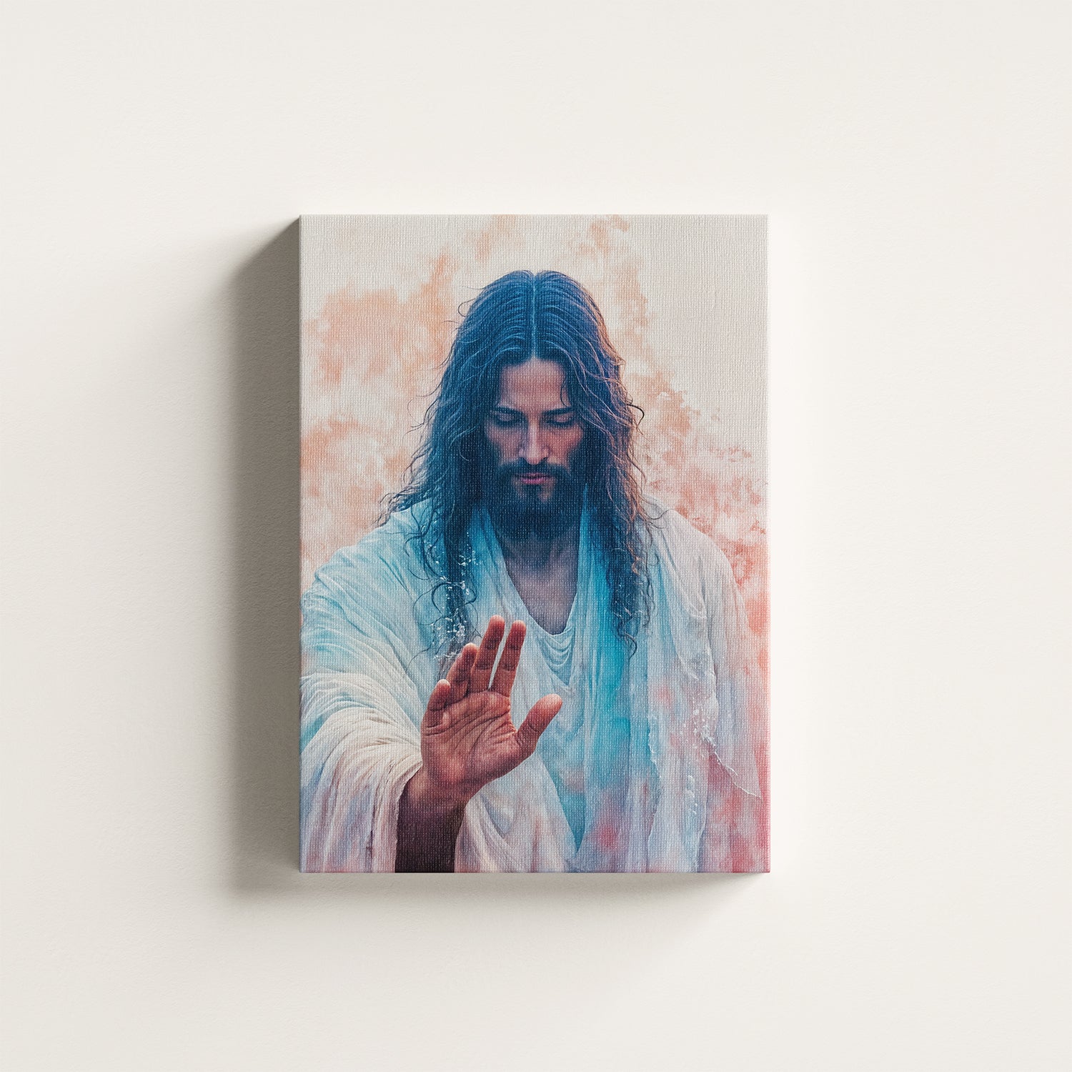 Canvas of Jesus in a heavenly scene with warm, cloud-like hues in the background.