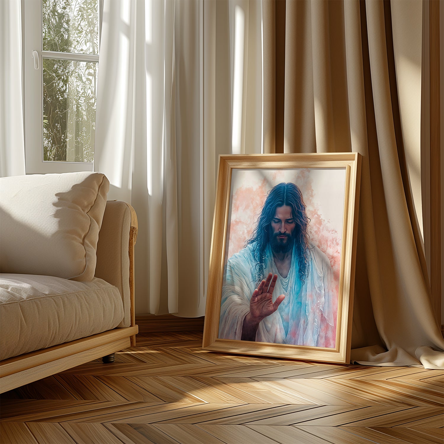 A contemporary Christian painting of Jesus with a peaceful expression and an outstretched hand.