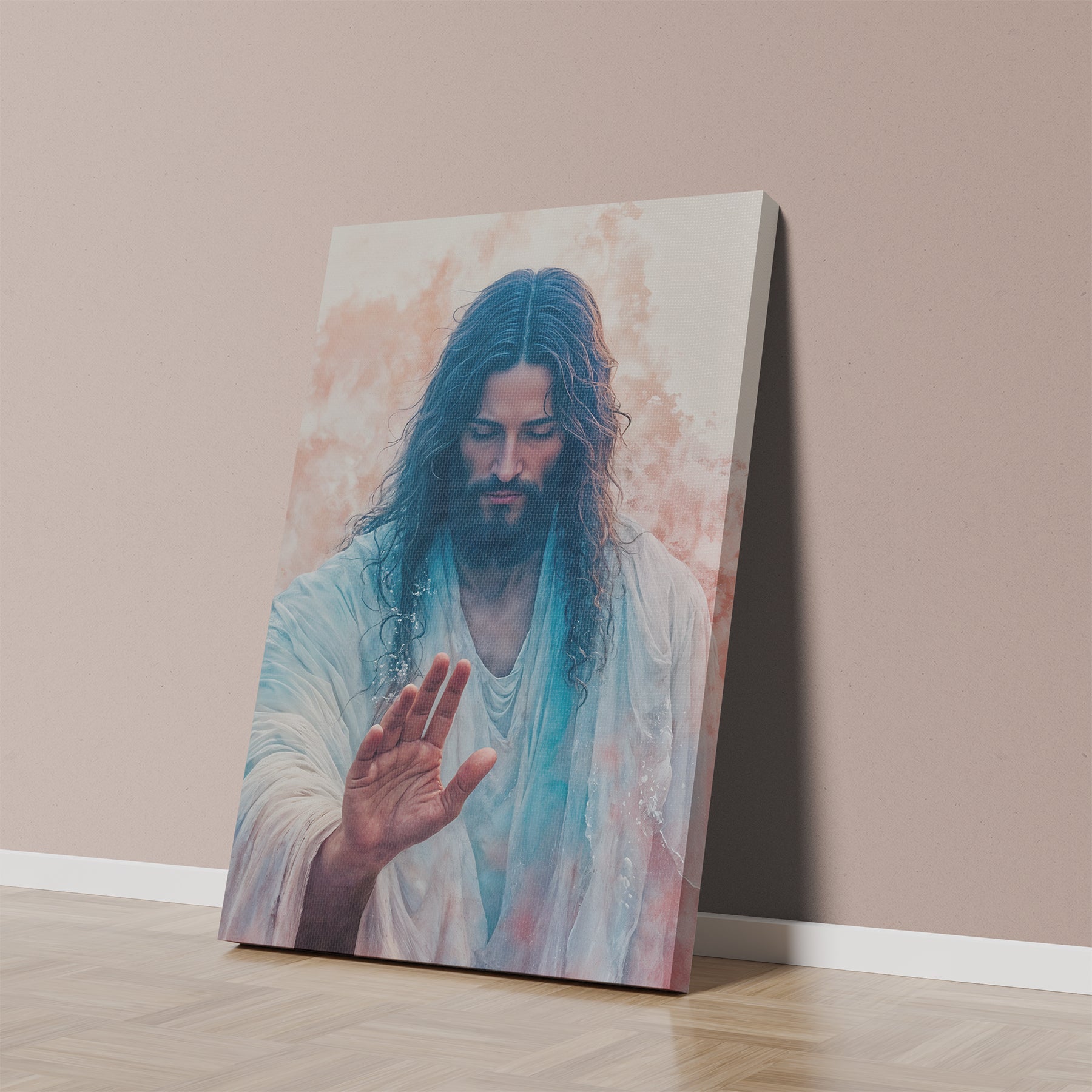 A divine image of Jesus reaching out, radiating compassion and serenity.