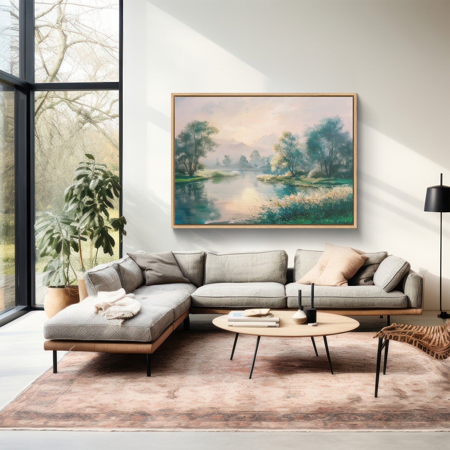 Modern living room with a sectional sofa, coffee table, and a painting of a landscape.