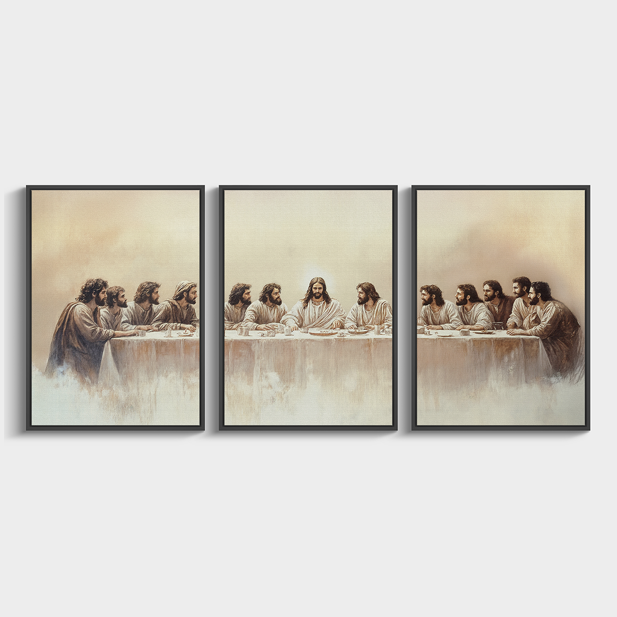 Three framed artworks depicting a religious scene with figures around a table.