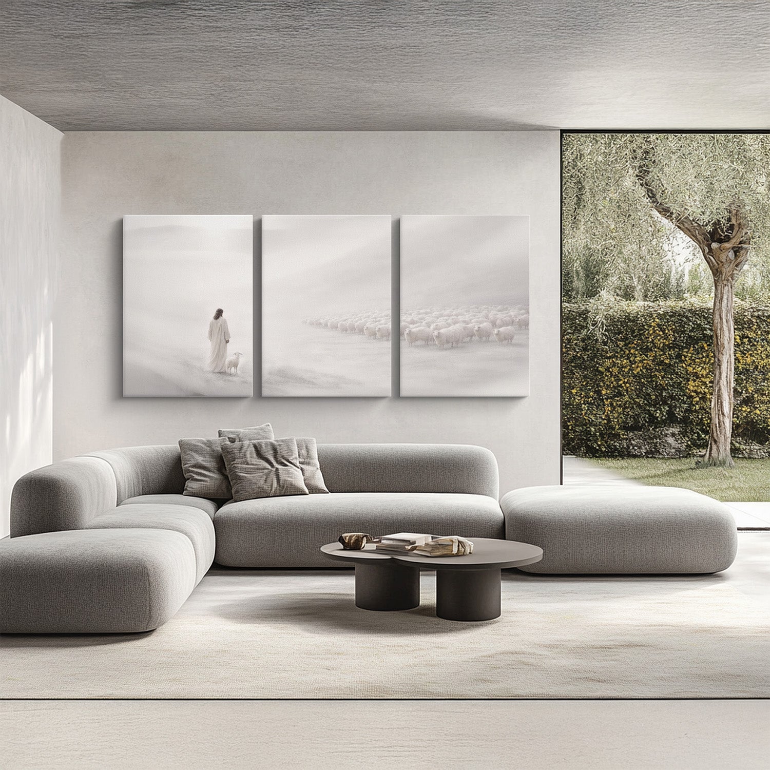 He Leaves the 99 3 panel Good Shepherd wall art styled in serene bedroom prayer space.
