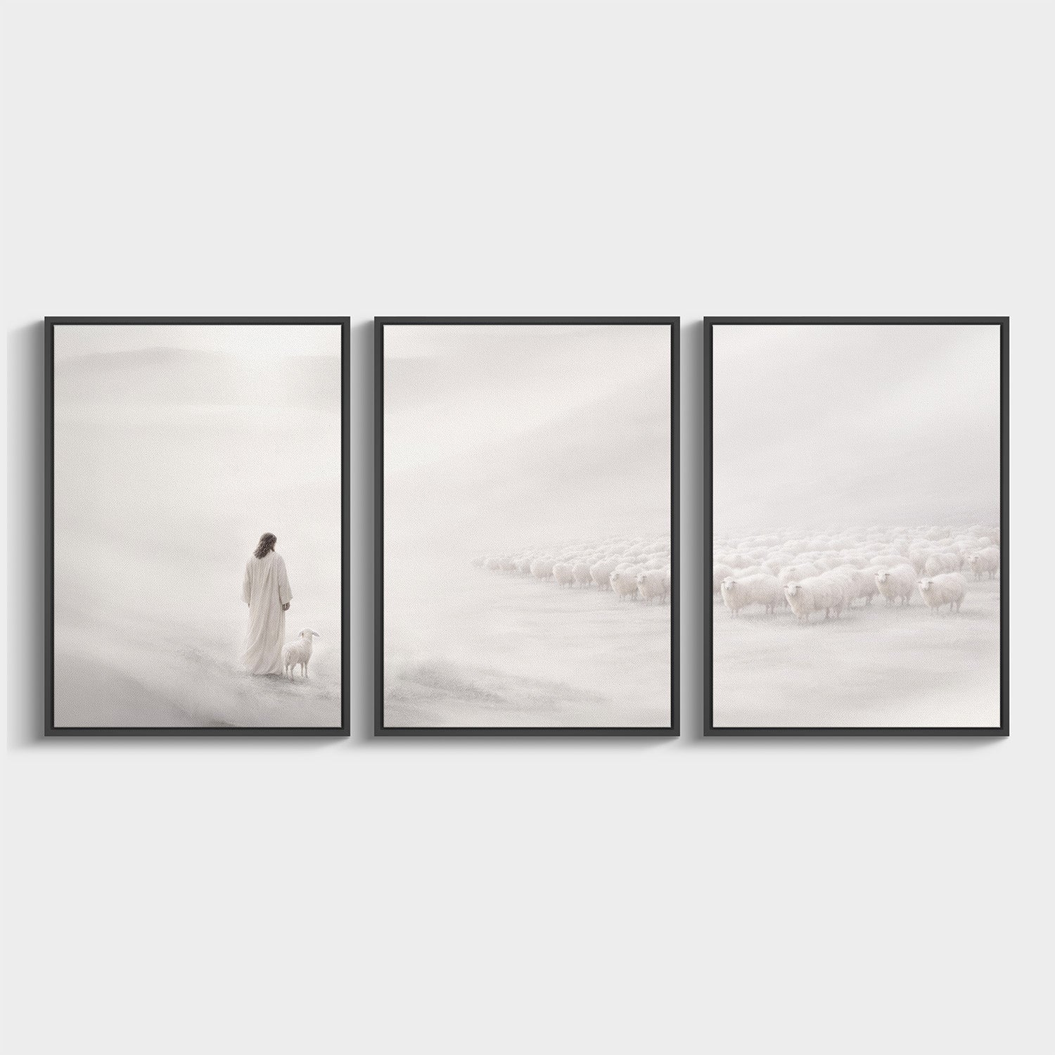 He Leaves the 99 Christian triptych in black frame showing the Good Shepherd and flock in soft neutral tones.