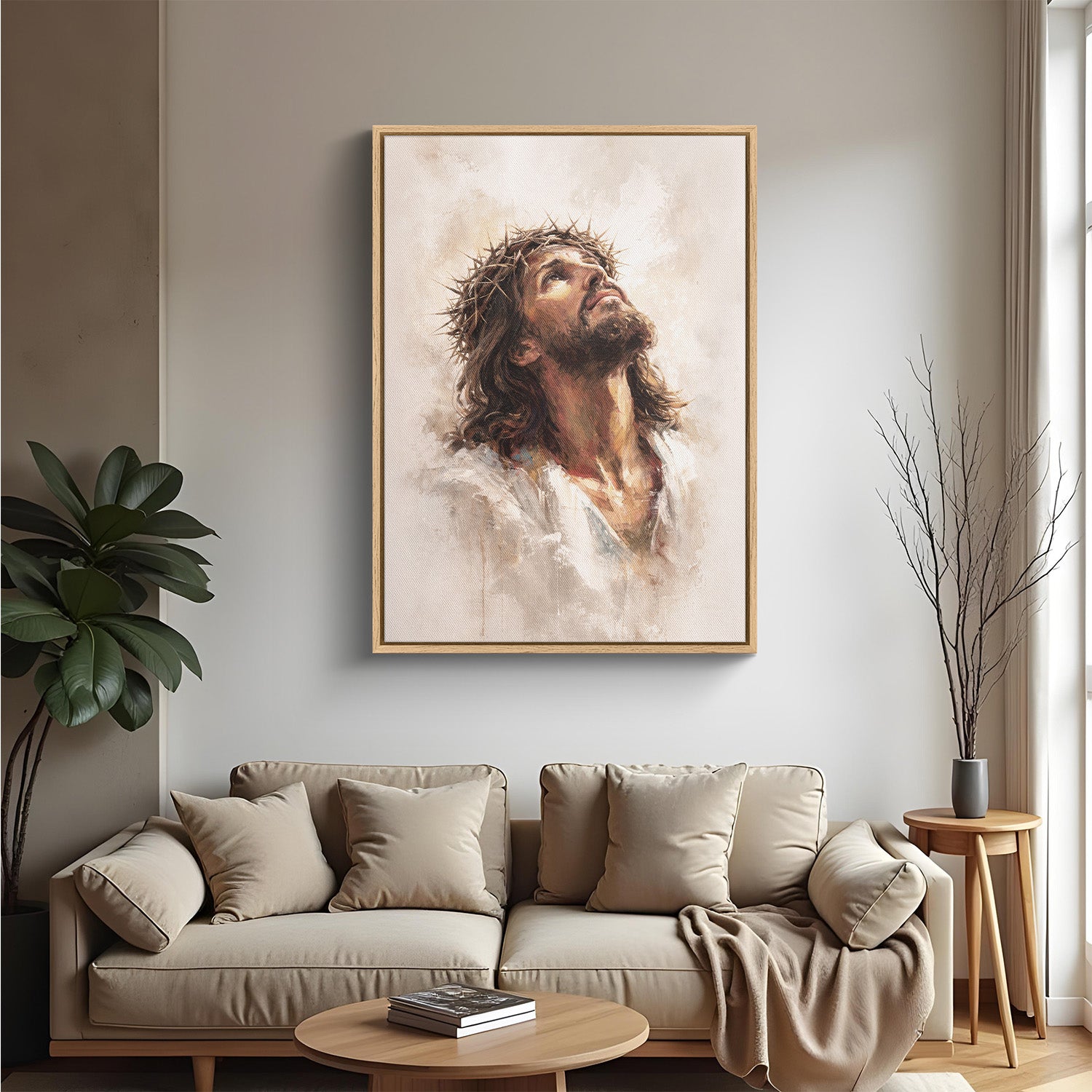 Jesus crown of thorns canvas displayed in modern living room interior.