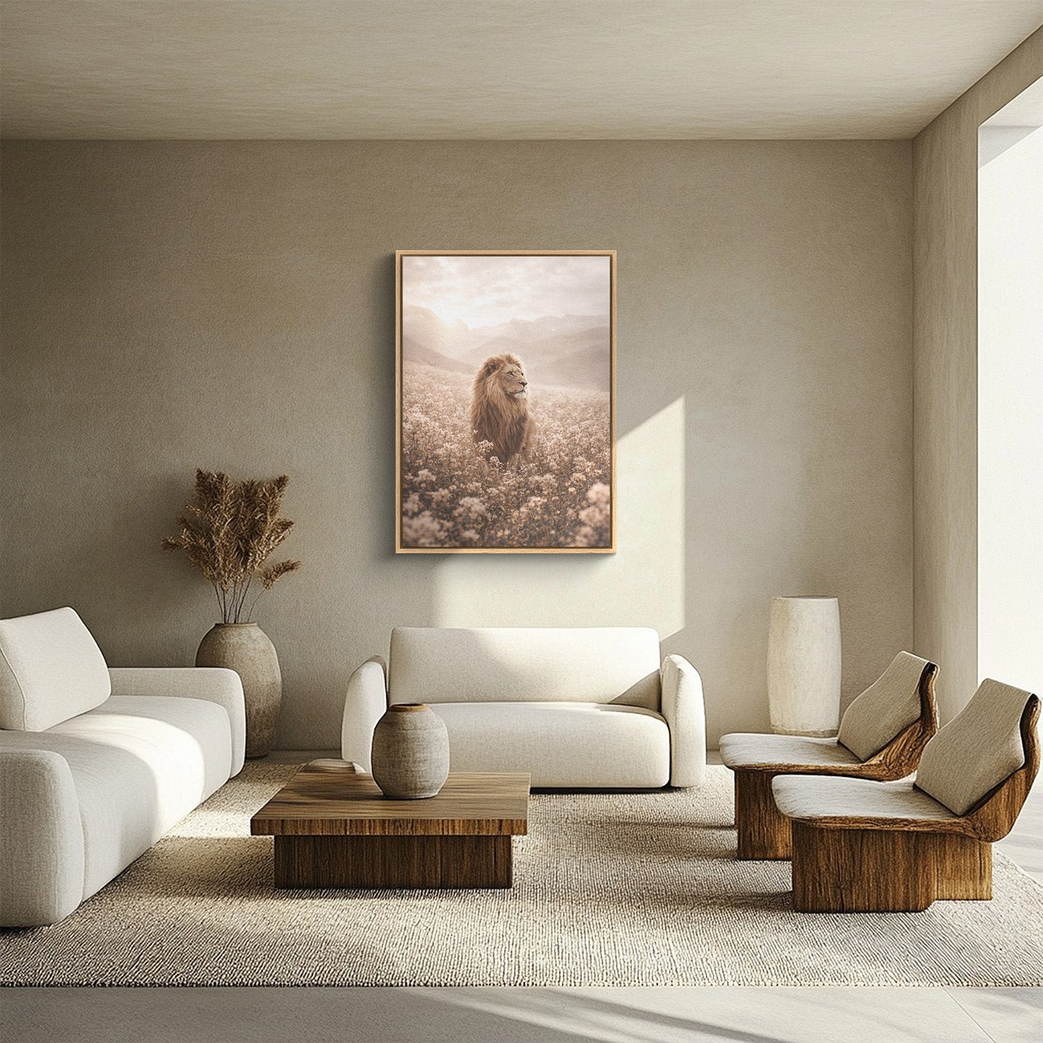 Modern living room with white sofas, wooden coffee table, and a lion painting on the wall.