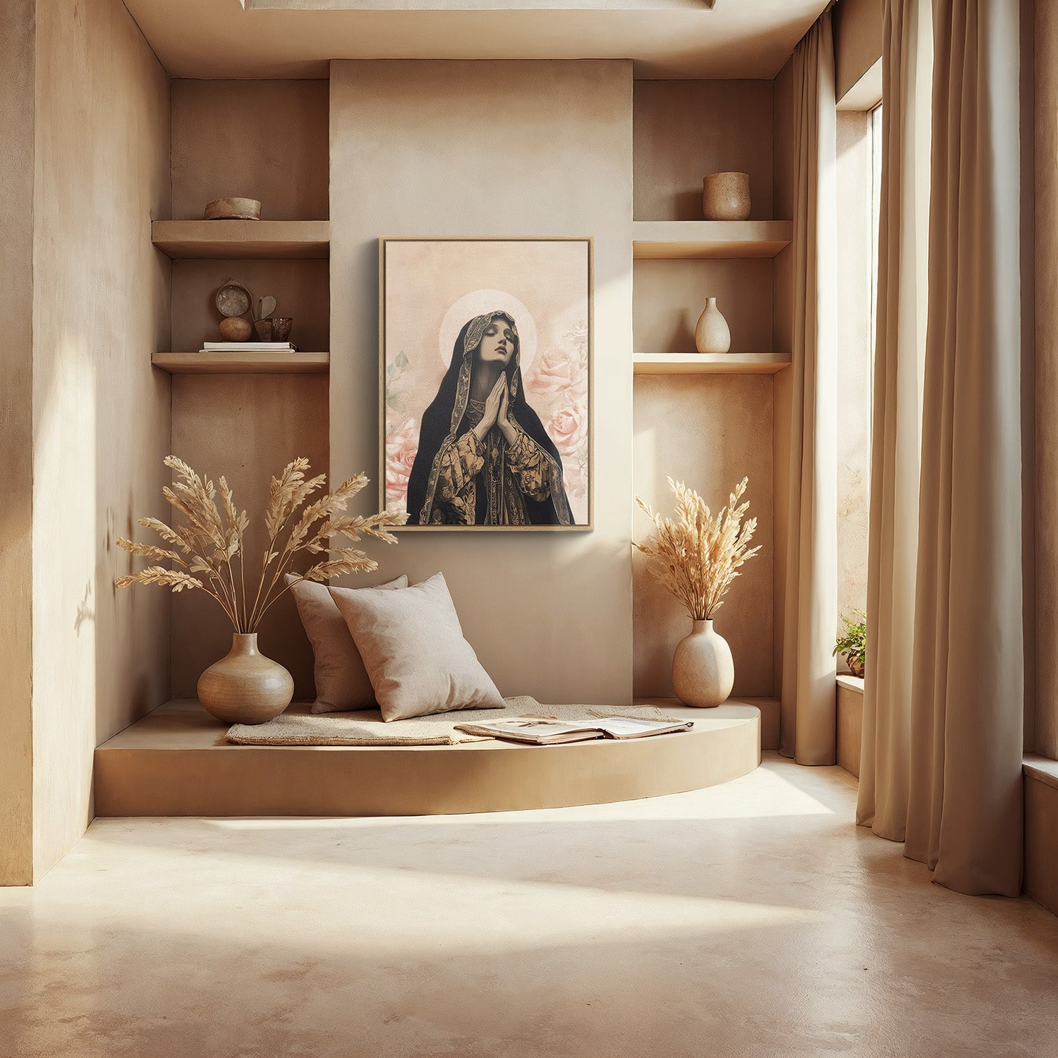 Cozy indoor setting with a shelf, cushions, and decorative items in a warm-toned room.