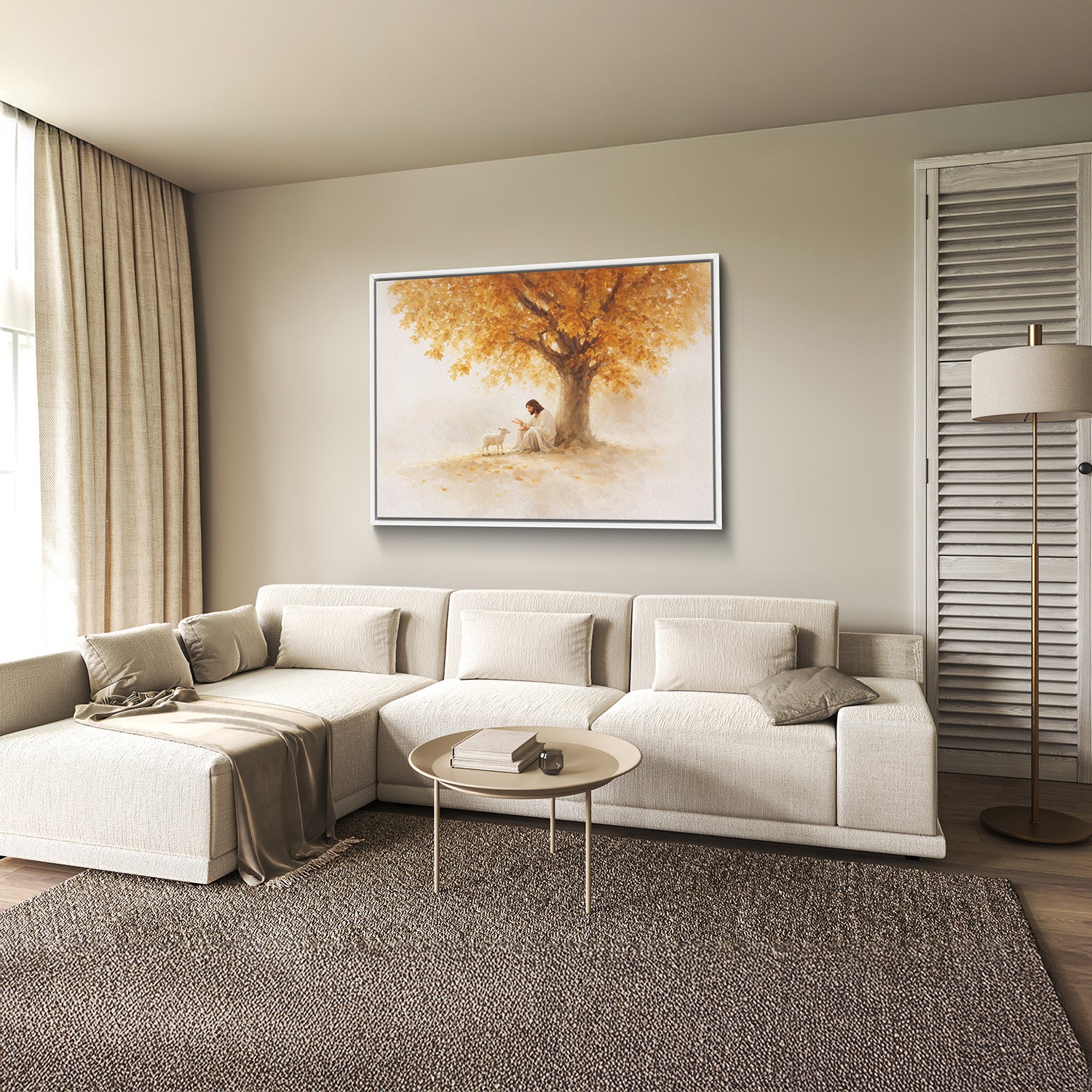 The Lost Lamb Christian wall art displayed in modern living room interior.
