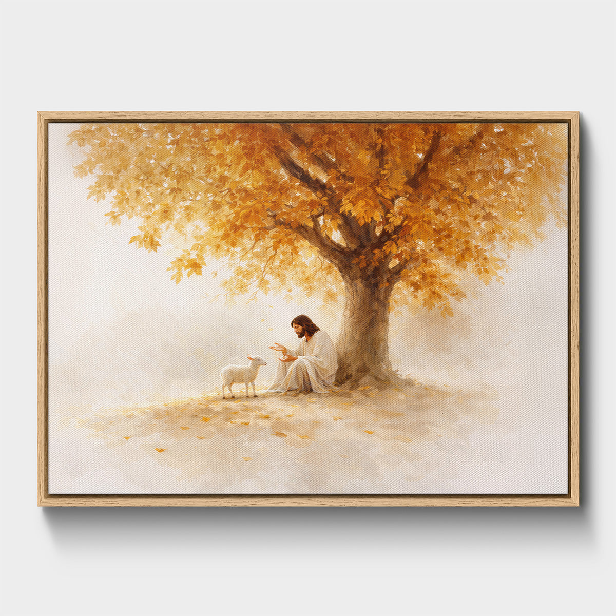 Christian wall art of Jesus caring for a lamb symbolizing faith and guidance.