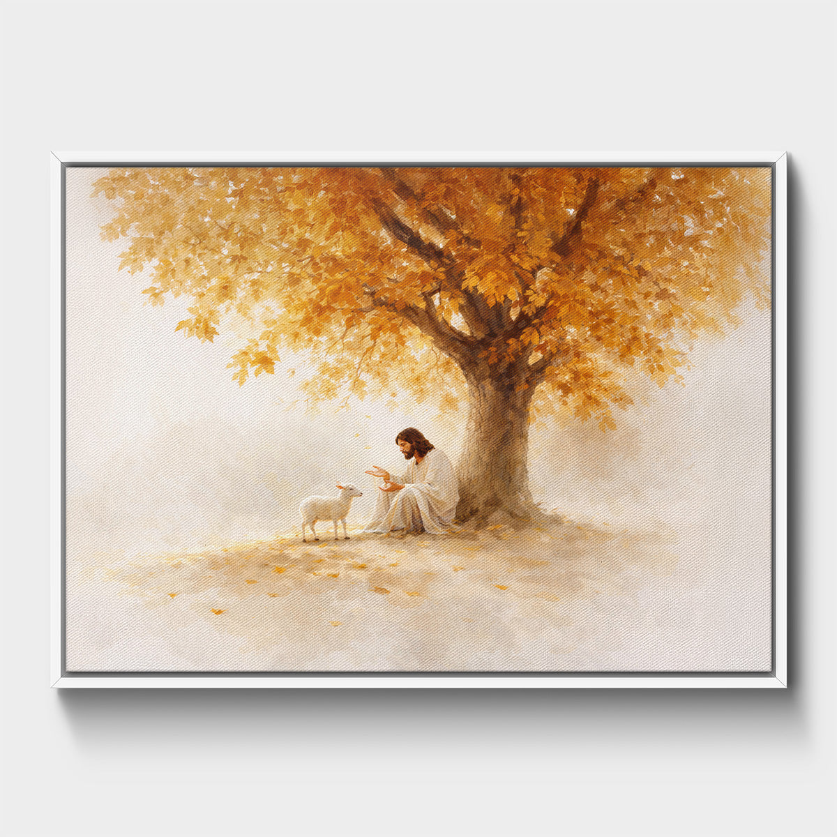 Christian canvas painting of Jesus and lamb in peaceful spiritual scene.