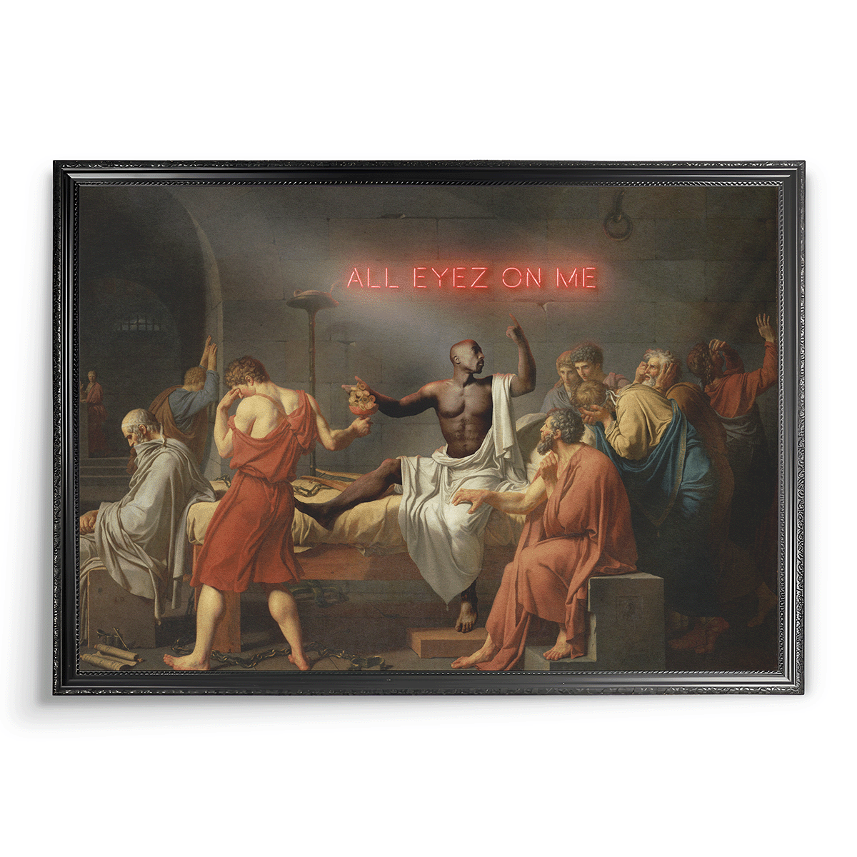 A reimagined version of the classic painting 'The Death of Socrates,' featuring Tupac Shakur as Socrates, surrounded by followers in ancient robes, with a neon sign reading 'All Eyez on Me' glowing in the background.