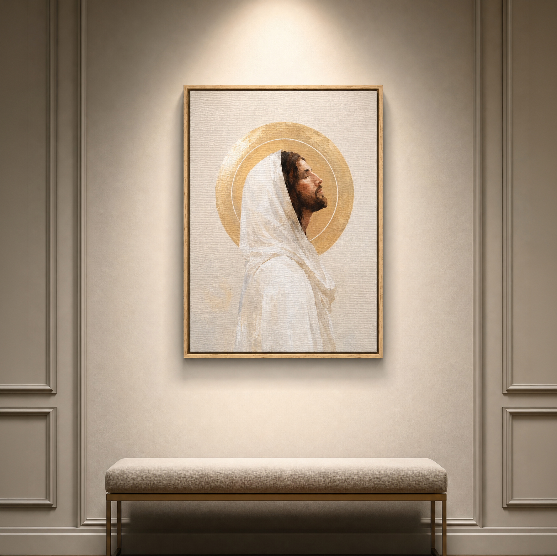 A framed wall art print depicting Jesus in profile with a gold halo, hanging on a beige paneled wall above a light upholstered bench.