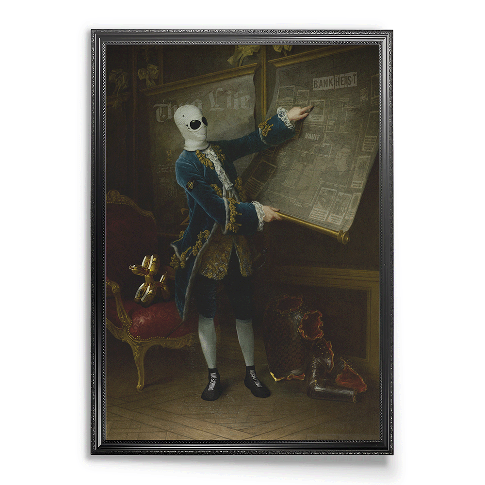 A striking fusion of baroque sophistication and modern mystery, this artwork depicts a masked figure orchestrating a timeless heist, blending opulence with intrigue in a captivating narrative.