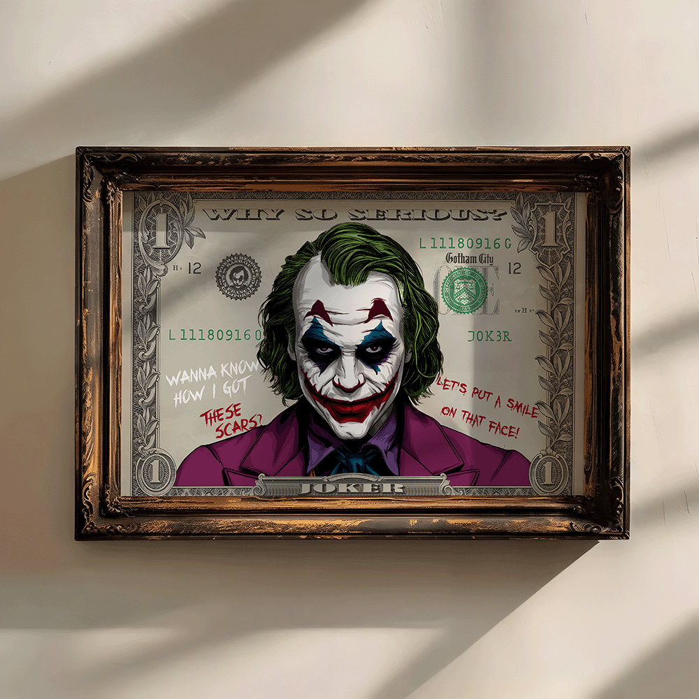 Framed artwork of the Joker on a stylized dollar bill with iconic phrases like 'Why so serious?' and 'Wanna know how I got these scars?' in bold graffiti style, ideal for fans of Joker and DC Comics.