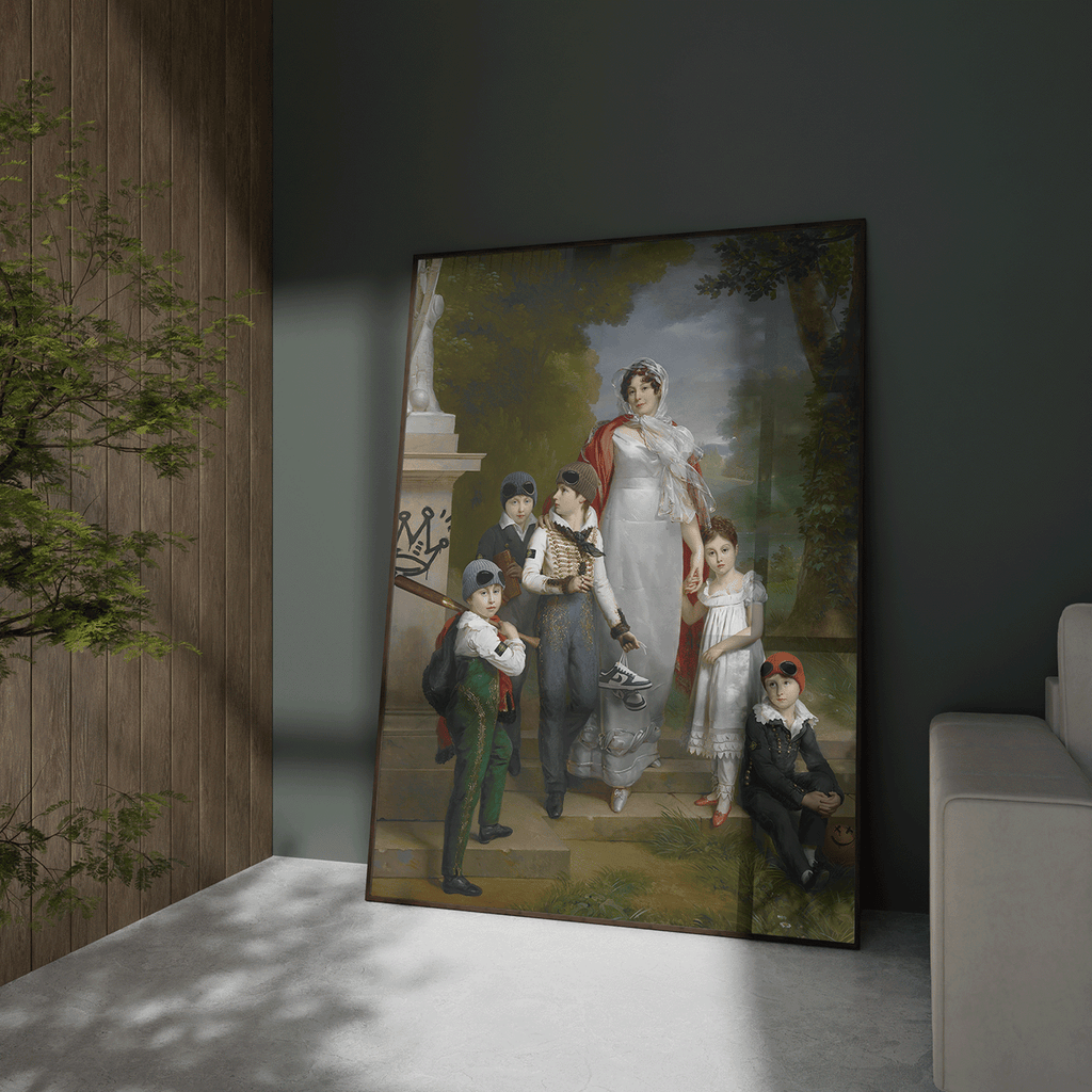 A reinterpreted family portrait blending classic elegance with modern edge, featuring children in CP Company hats and Stone Island shirts against a timeless backdrop.