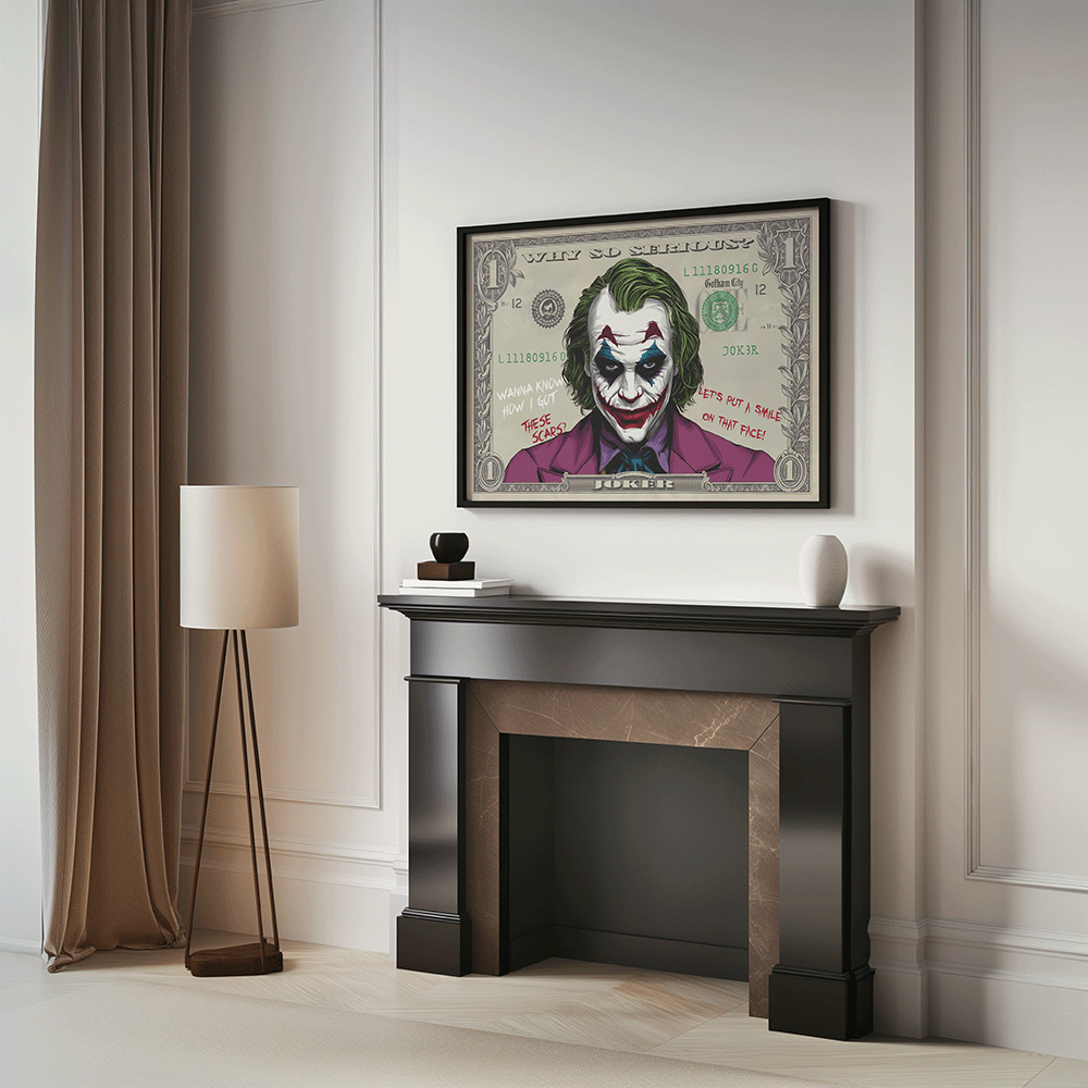 Framed artwork of the Joker on a stylized dollar bill with iconic phrases like 'Why so serious?' and 'Wanna know how I got these scars?' in bold graffiti style, ideal for fans of Joker and DC Comics.