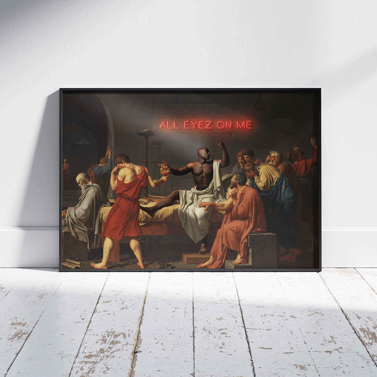 A reimagined version of the classic painting 'The Death of Socrates,' featuring Tupac Shakur as Socrates, surrounded by followers in ancient robes, with a neon sign reading 'All Eyez on Me' glowing in the background.