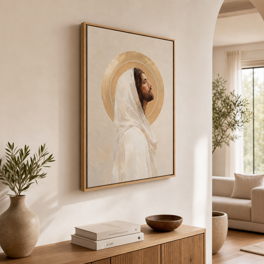 A framed wall art print depicting Jesus in white robes with a gold halo, hanging on a beige wall in a modern, sunlit living room with a wooden console table and plants.