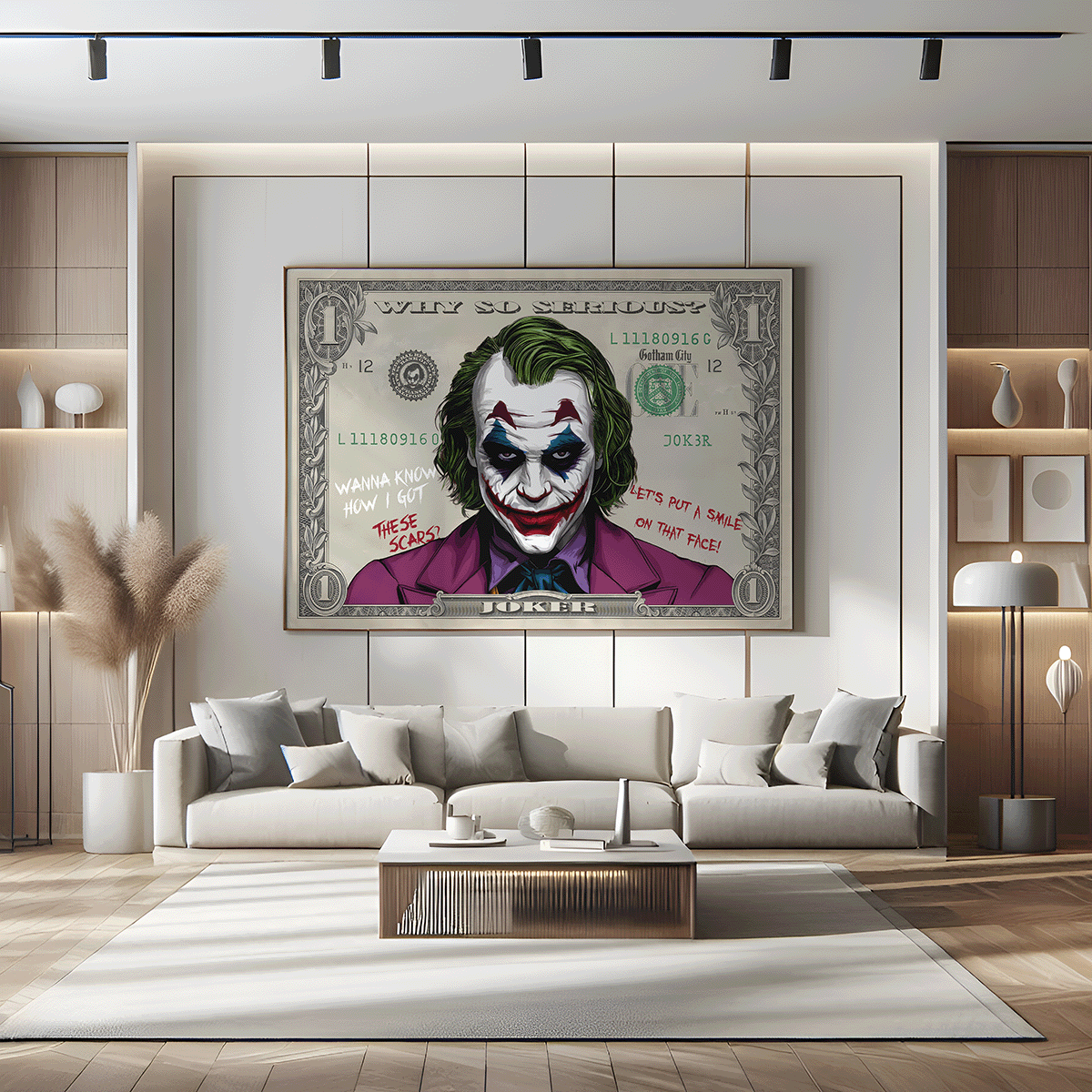 Framed artwork of the Joker on a stylized dollar bill with iconic phrases like 'Why so serious?' and 'Wanna know how I got these scars?' in bold graffiti style, ideal for fans of Joker and DC Comics.