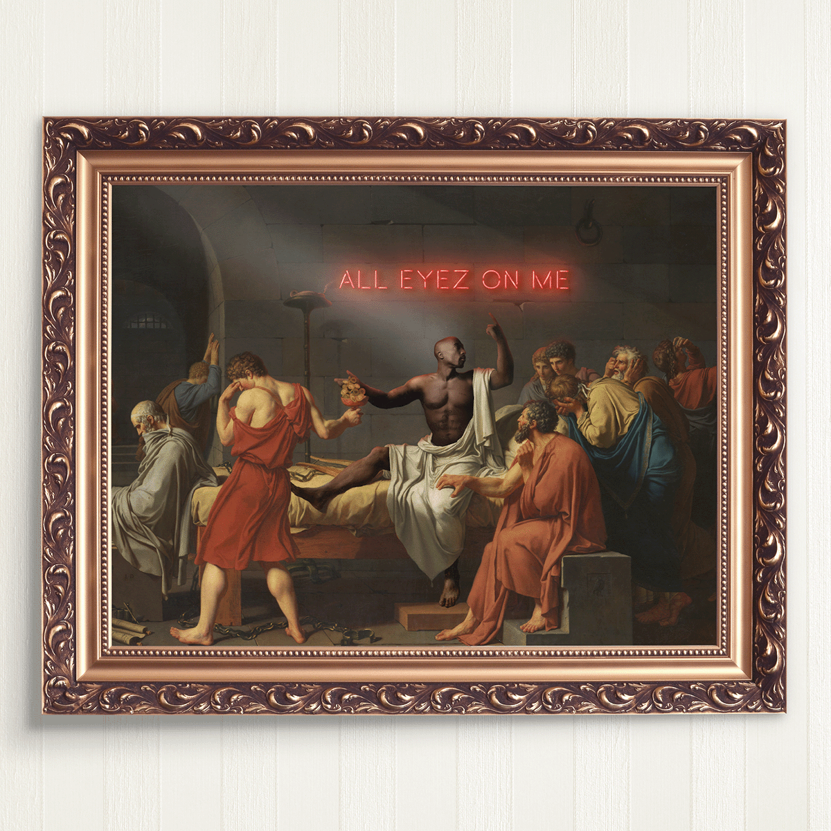 A reimagined version of the classic painting 'The Death of Socrates,' featuring Tupac Shakur as Socrates, surrounded by followers in ancient robes, with a neon sign reading 'All Eyez on Me' glowing in the background.