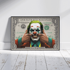 Joker art on a dollar bill with the text 'We Are All Clowns,' featuring Joker’s painted clown face, forced smile, green hair, and 'HAHA' graffiti in a Gotham City-themed design.