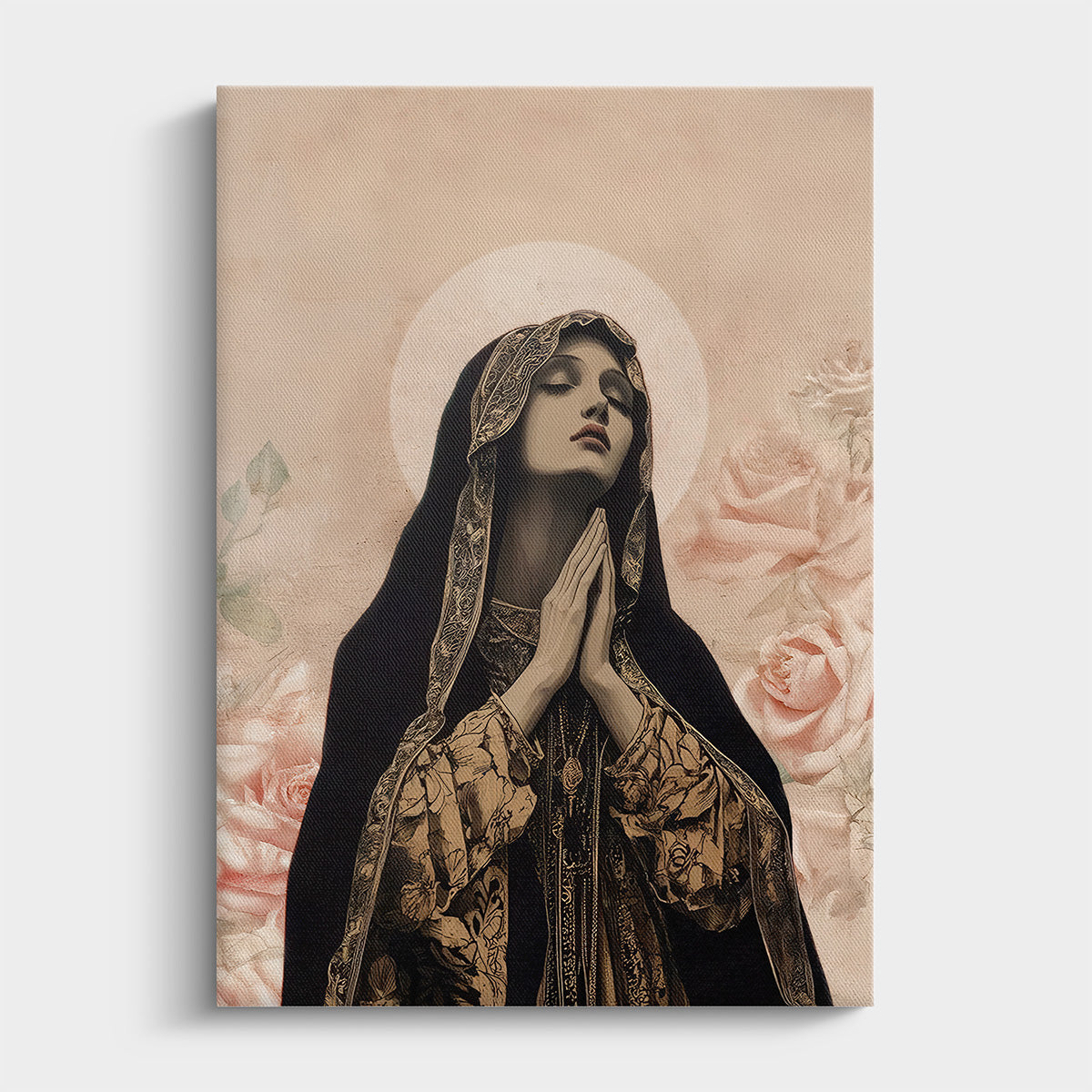 Canvas print of a religious figure with floral background