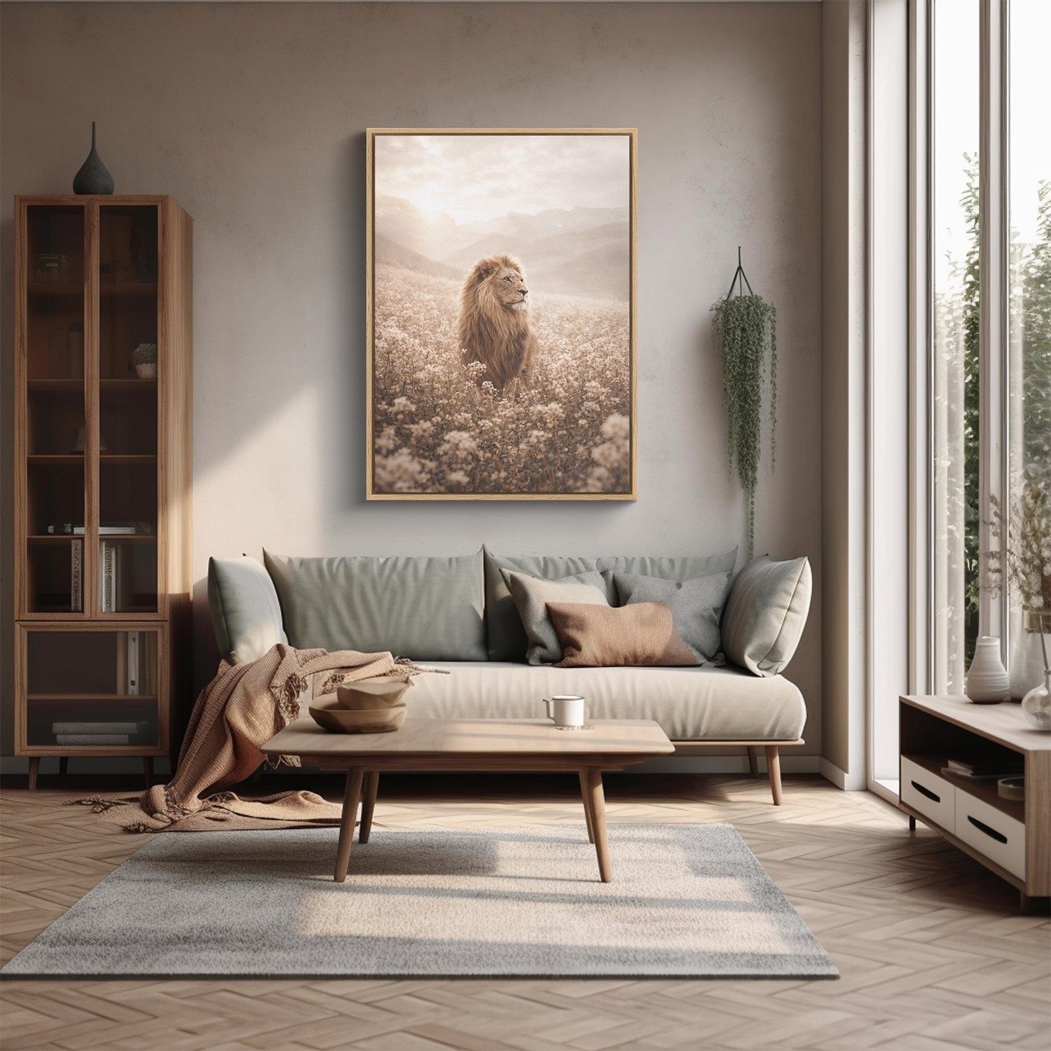 Modern living room with a sofa, coffee table, and wall art.