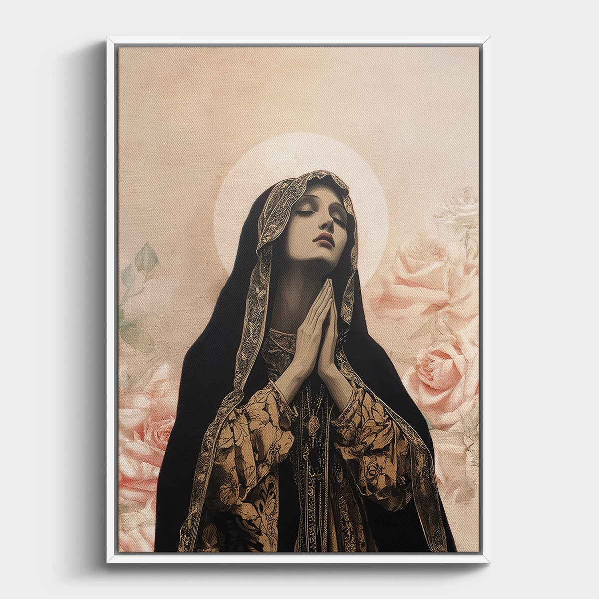 Framed artwork of a religious figure with floral background