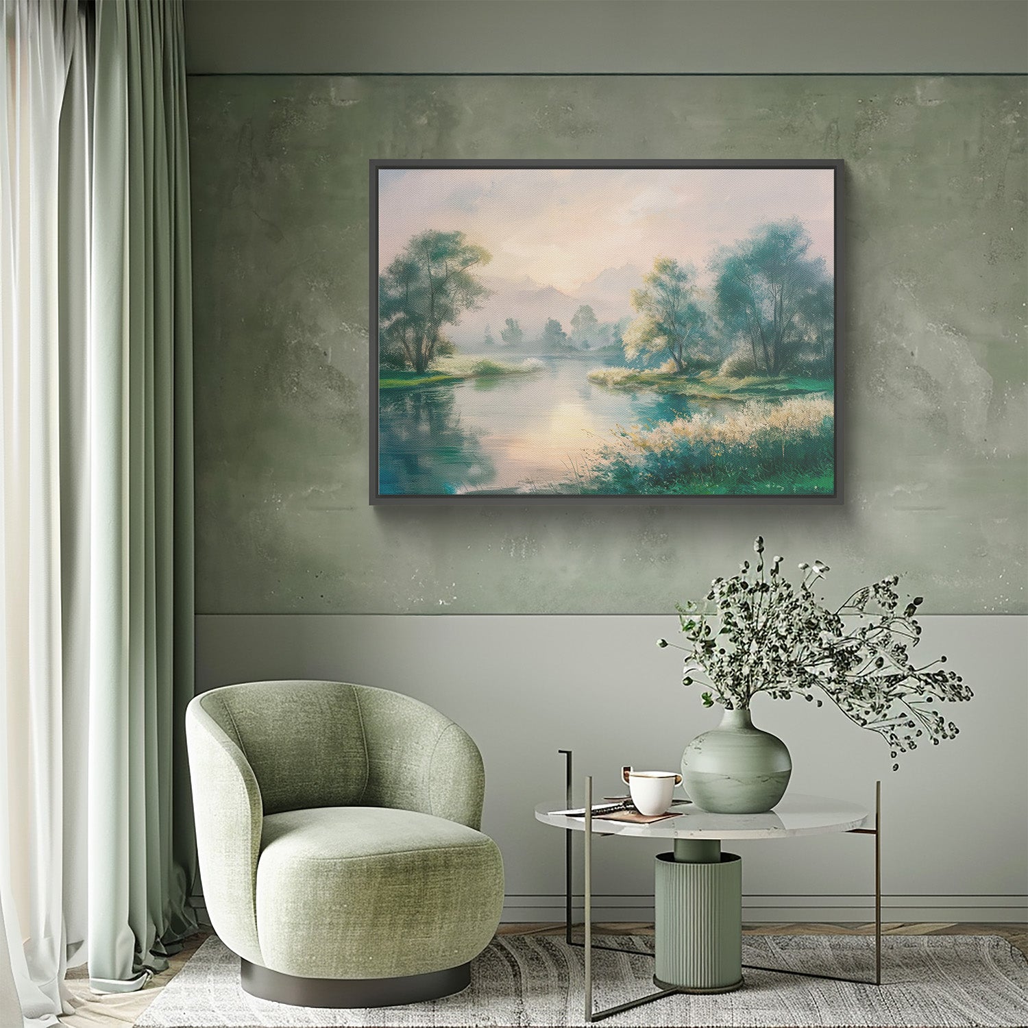 Modern living room with a green armchair, small table, and framed landscape painting on a green wall.