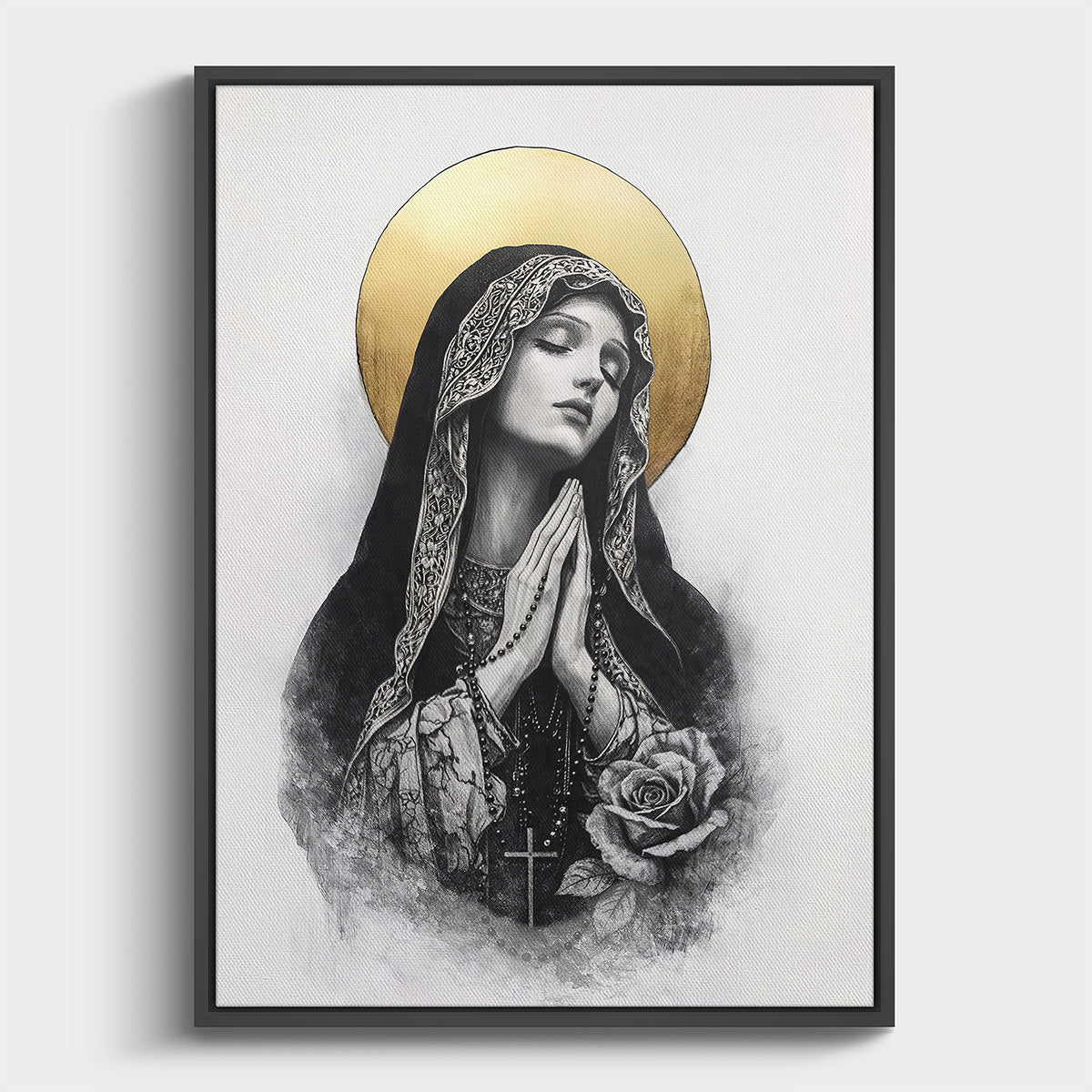 Sacred Christian wall art Aeterna depicting a serene praying woman with golden halo, symbol of eternal grace and devotion