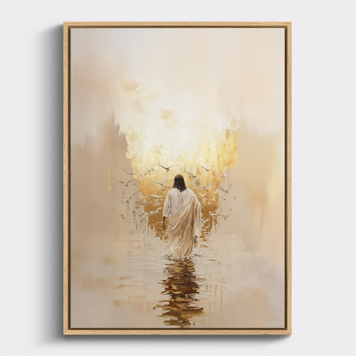 Christian wall art of Jesus walking on water surrounded by light and doves
