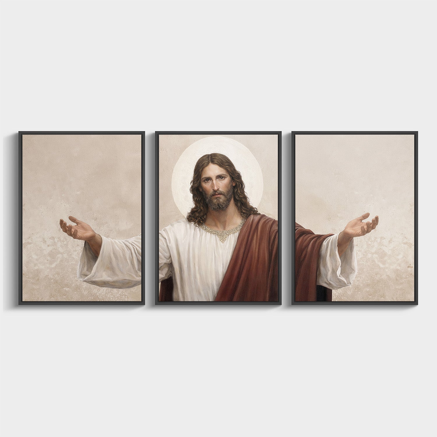 Three framed artworks of a religious figure with a beige background