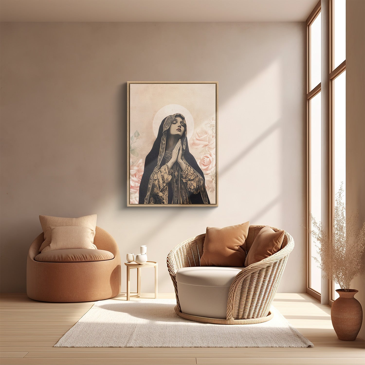 Modern living room with a framed artwork on the wall, two chairs, and a vase.