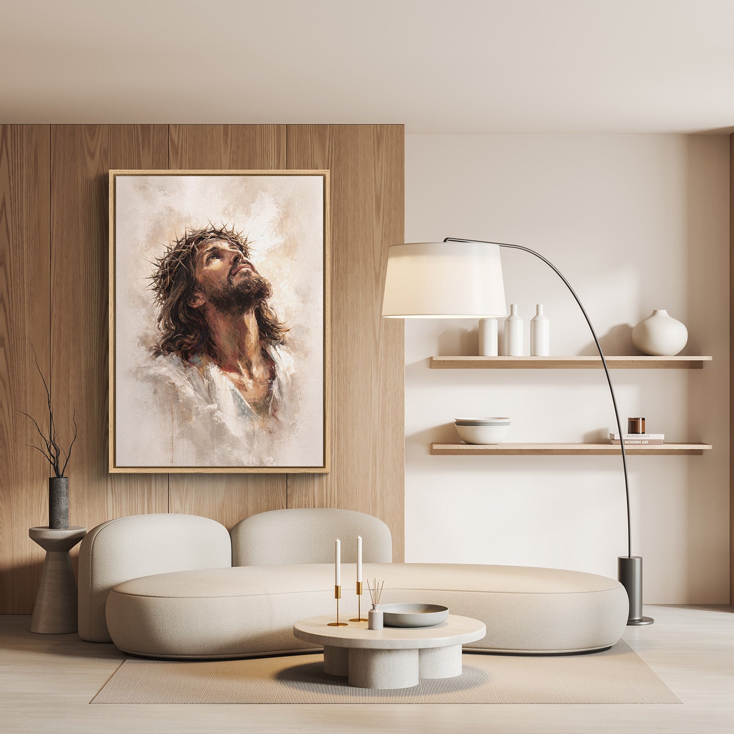 Jesus crown of thorns canvas displayed in modern living room interior.