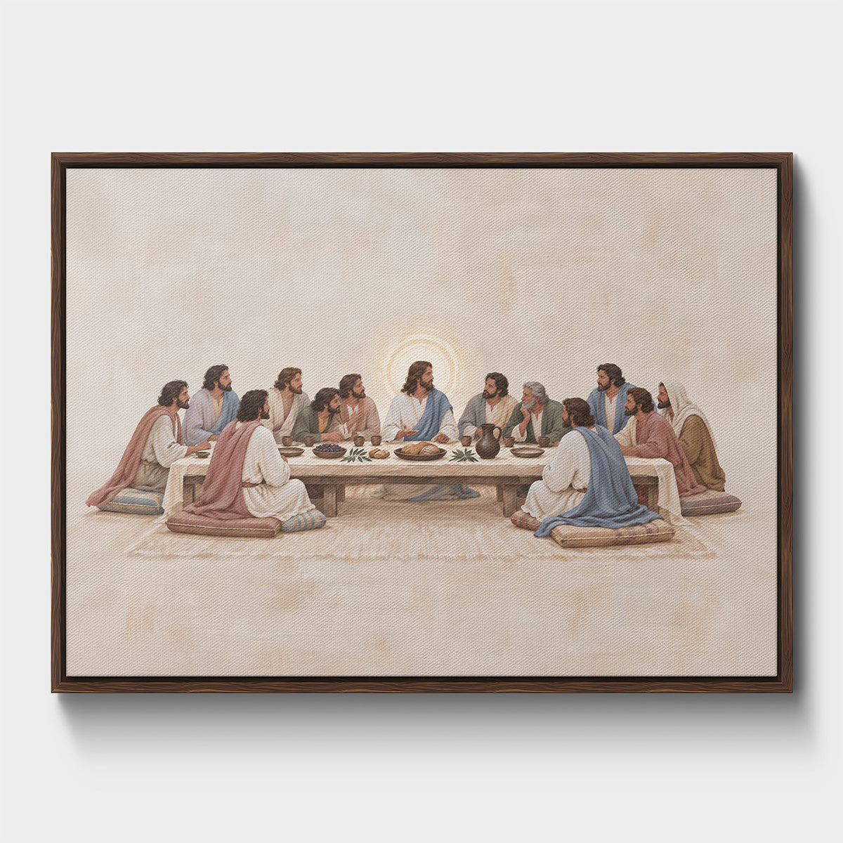 A framed art print depicting the Last Supper, showing Jesus and his twelve disciples seated around a table with a glowing light behind them, presented in a dark brown wooden frame against a light gray wall.