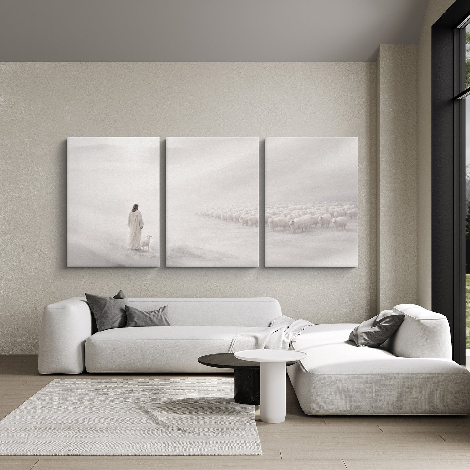 He Leaves the 99 Christian triptych displayed in modern living room interior with soft neutral decor.
