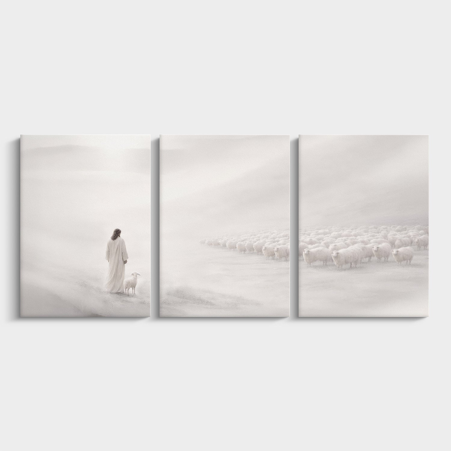 He Leaves the 99 Christian 3 piece triptych canvas featuring the Good Shepherd walking with a lamb in a misty landscape.