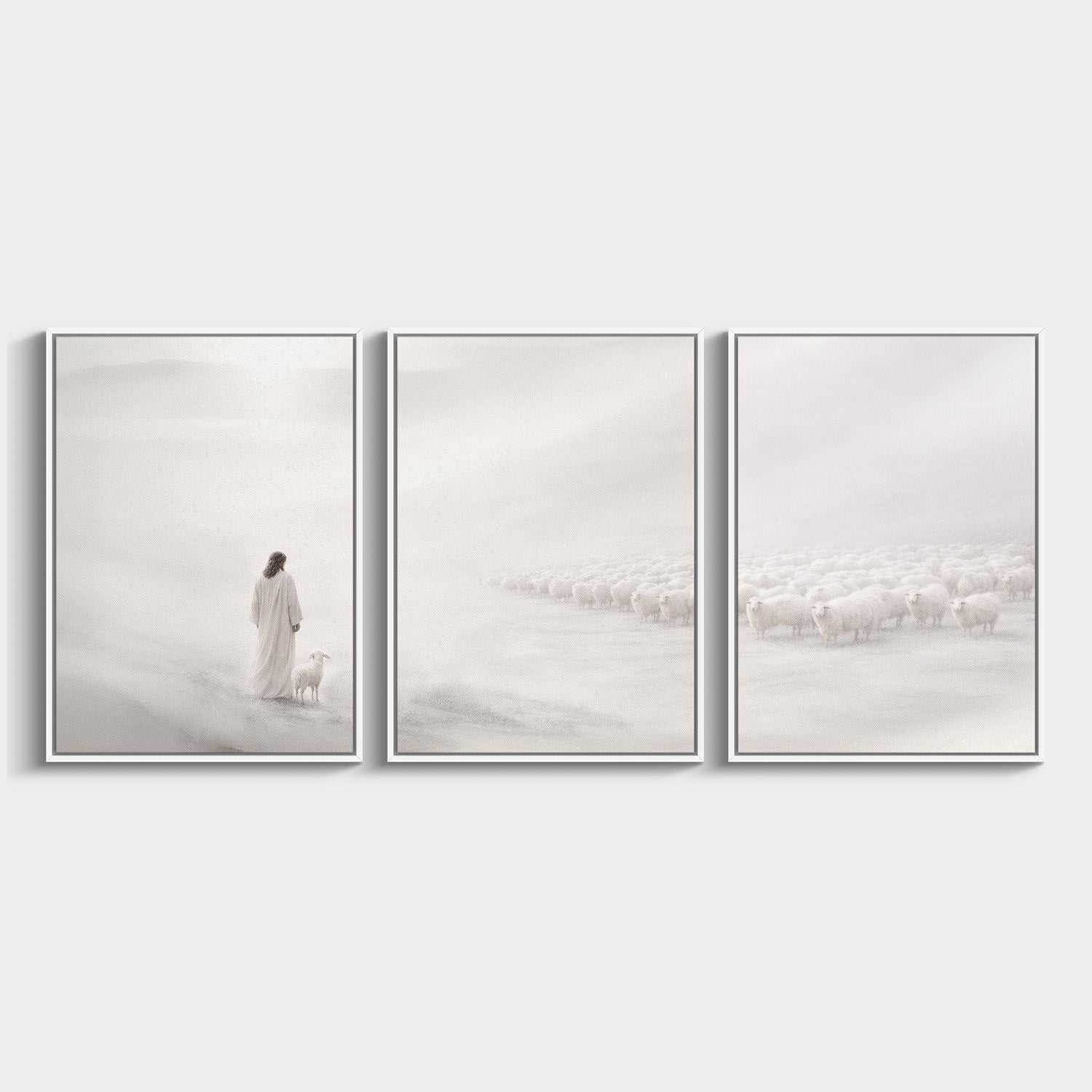 He Leaves the 99 Christian triptych in white frame showing the Good Shepherd and flock in soft neutral tones.