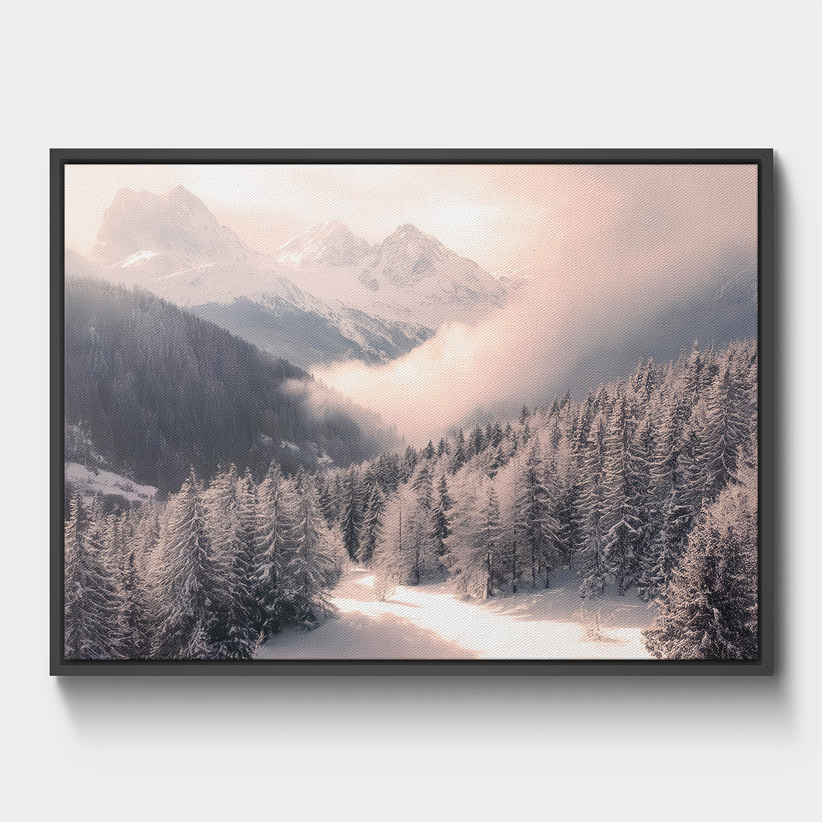 Snowy forest valley with misty mountains and soft winter light landscape wall art
