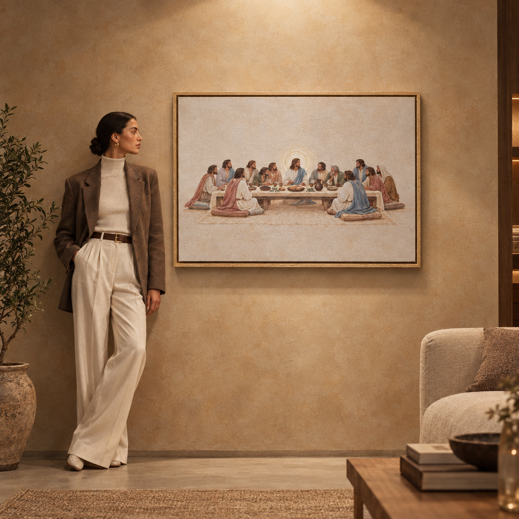 A woman stands in a warm, modern living room next to a large framed painting of the Last Supper on a textured beige wall.